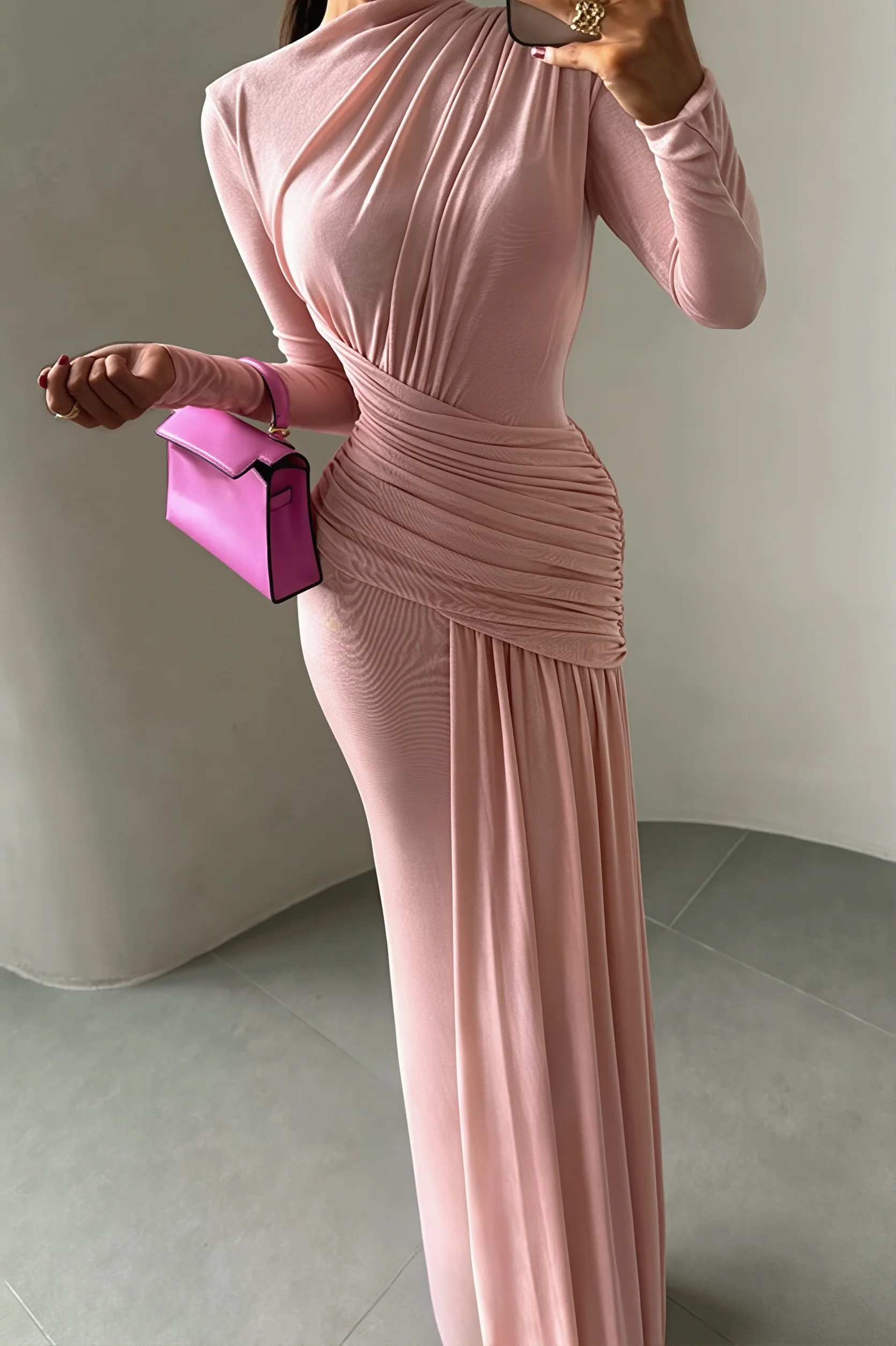 Simple Solid Long Sleeve Maxi Dress
