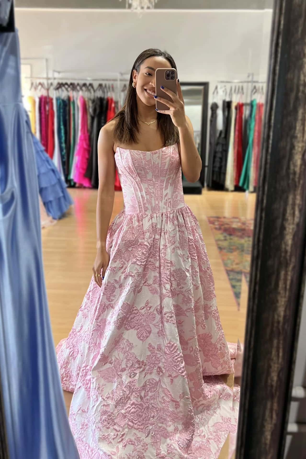 Pink Floral Jacquard A-line Prom Gown