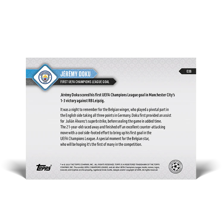 Topps UK - Jérémy Doku - First UEFA Champions League goal - UCL TOPPS NOW® Card #38