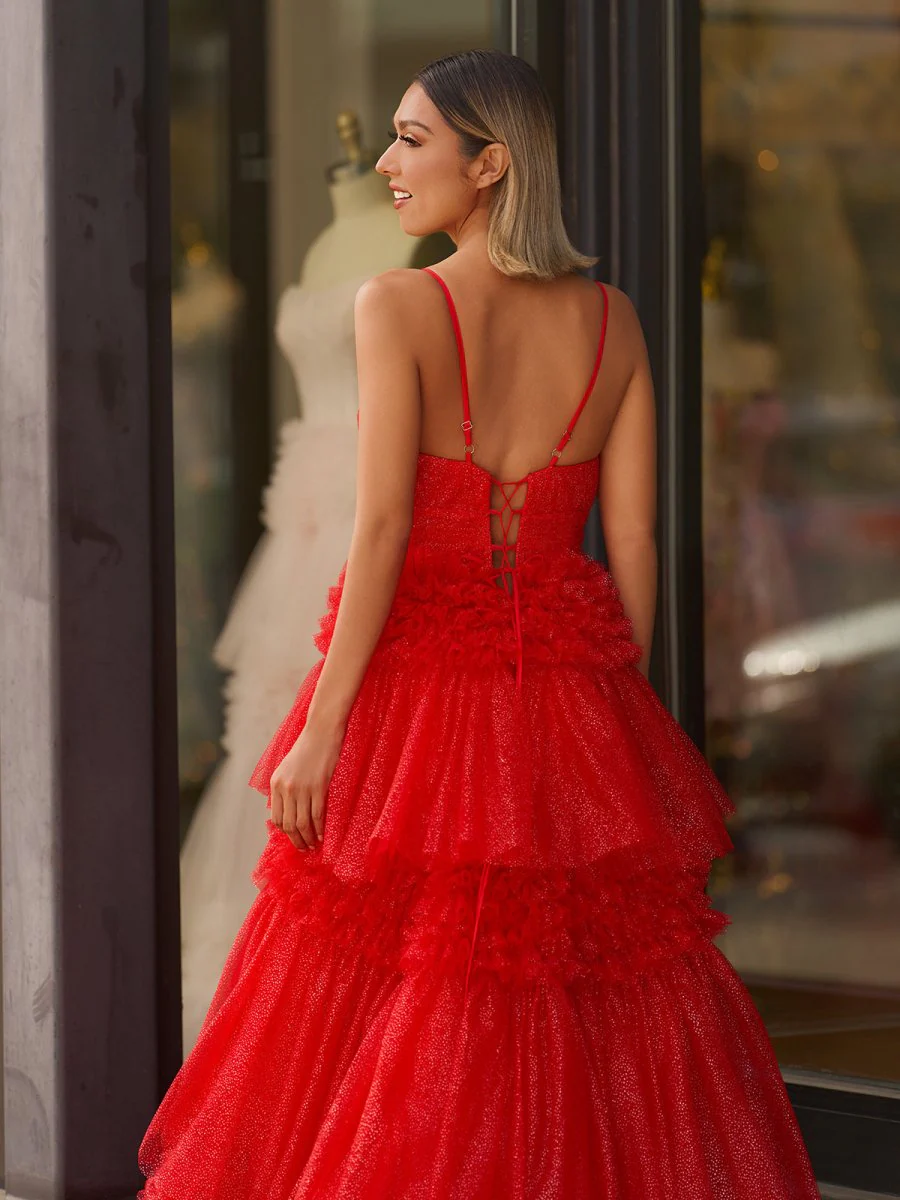Amanda| A-Line Spaghetti Straps Long Tiered Tulle Prom Dress With Split