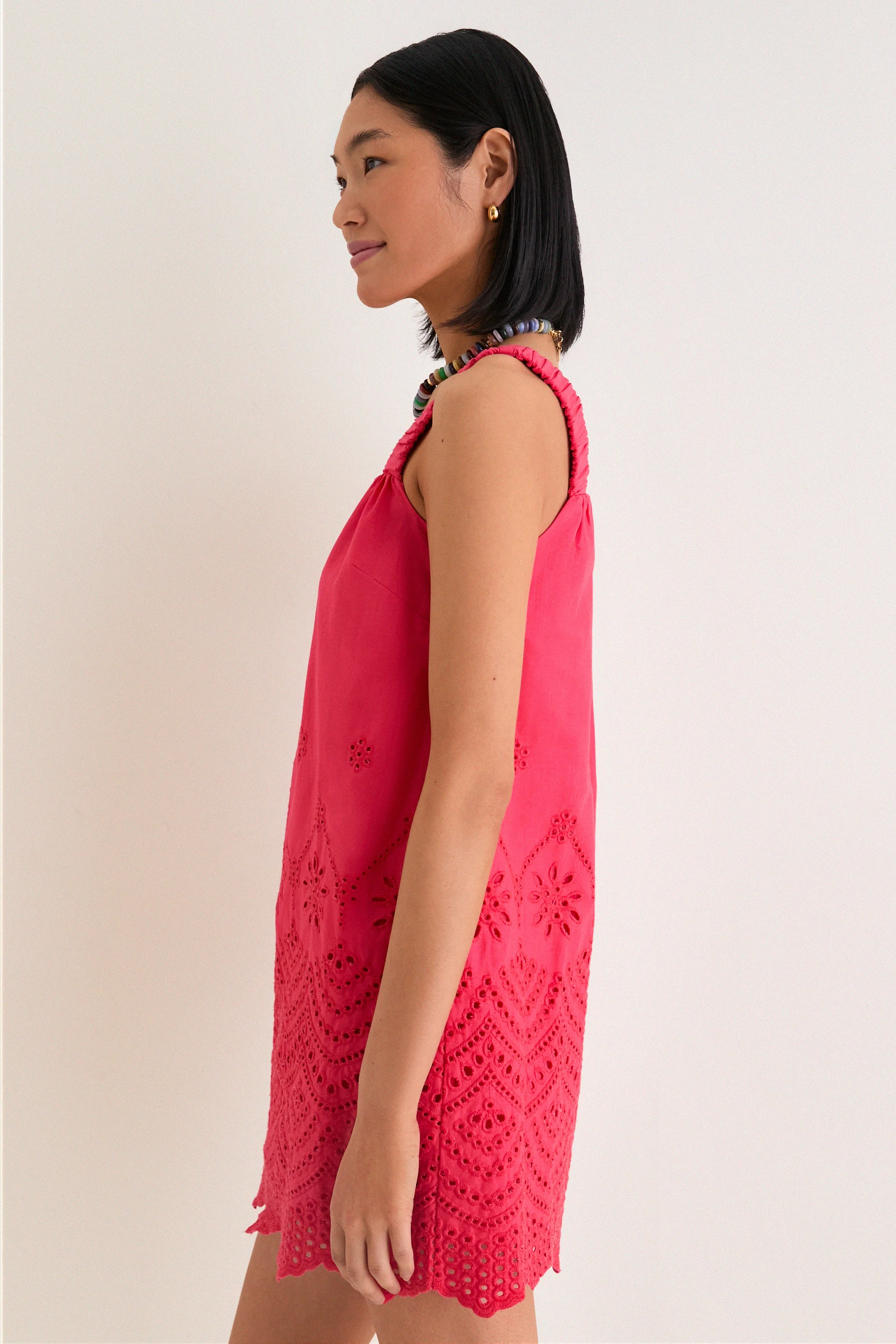 Red Kallie Linen Blend Embroidered Mini Dress