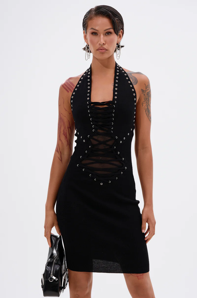 Edgy And Cool Lace Up Knit Mini Dress