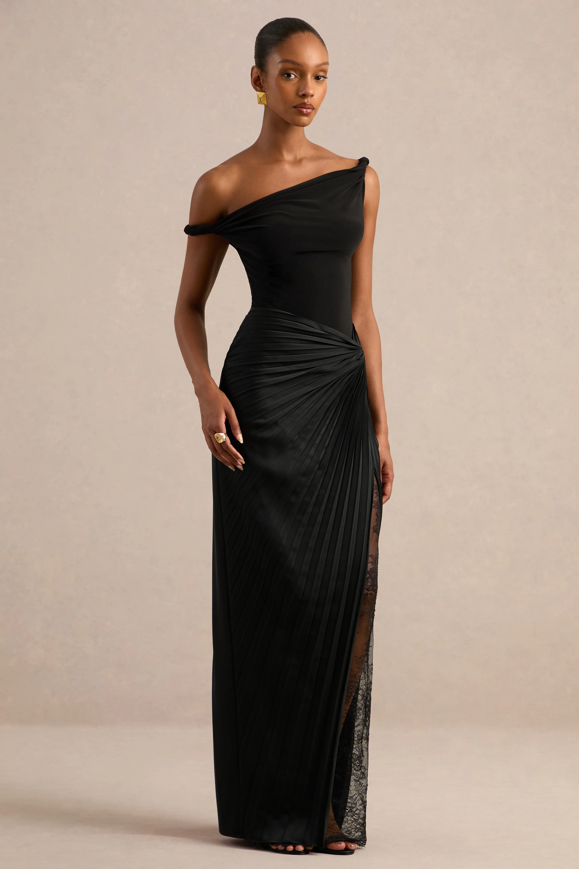 Lassia | Black Satin Mid Rise Pleated Maxi Skirt With Lace Detailing And Split