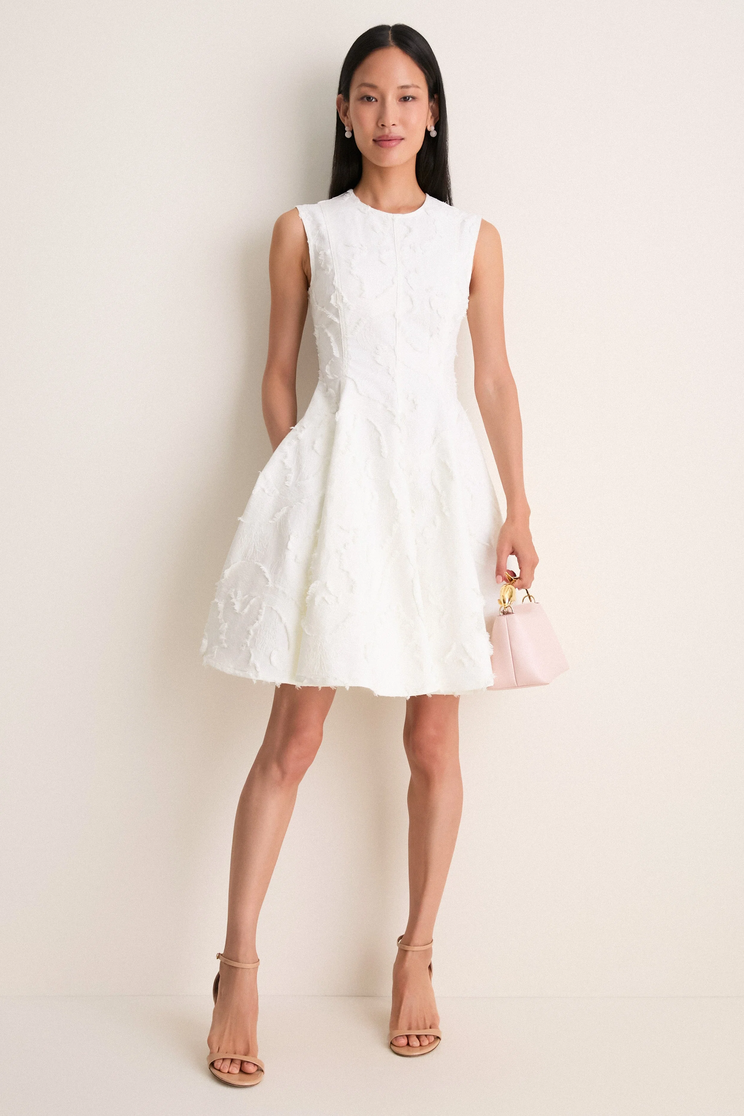 Ivory Textured Denim Fit And Flare Short Dress