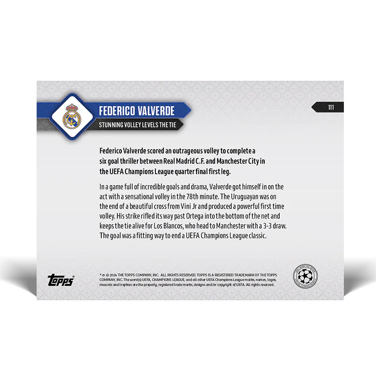 Federico Valverde - Stunning volley levels the tie - 23/24 UCL TOPPS NOW® Card 111