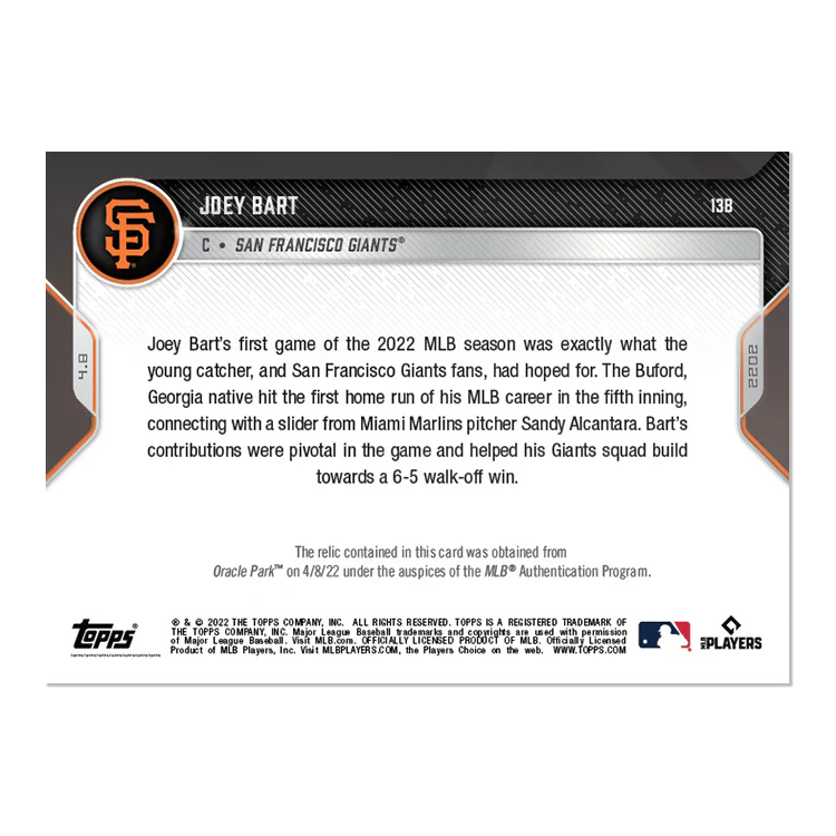 Game-used Base Relic # to 49 - Joey Bart - 2022 MLB TOPPS NOW® Card 13B