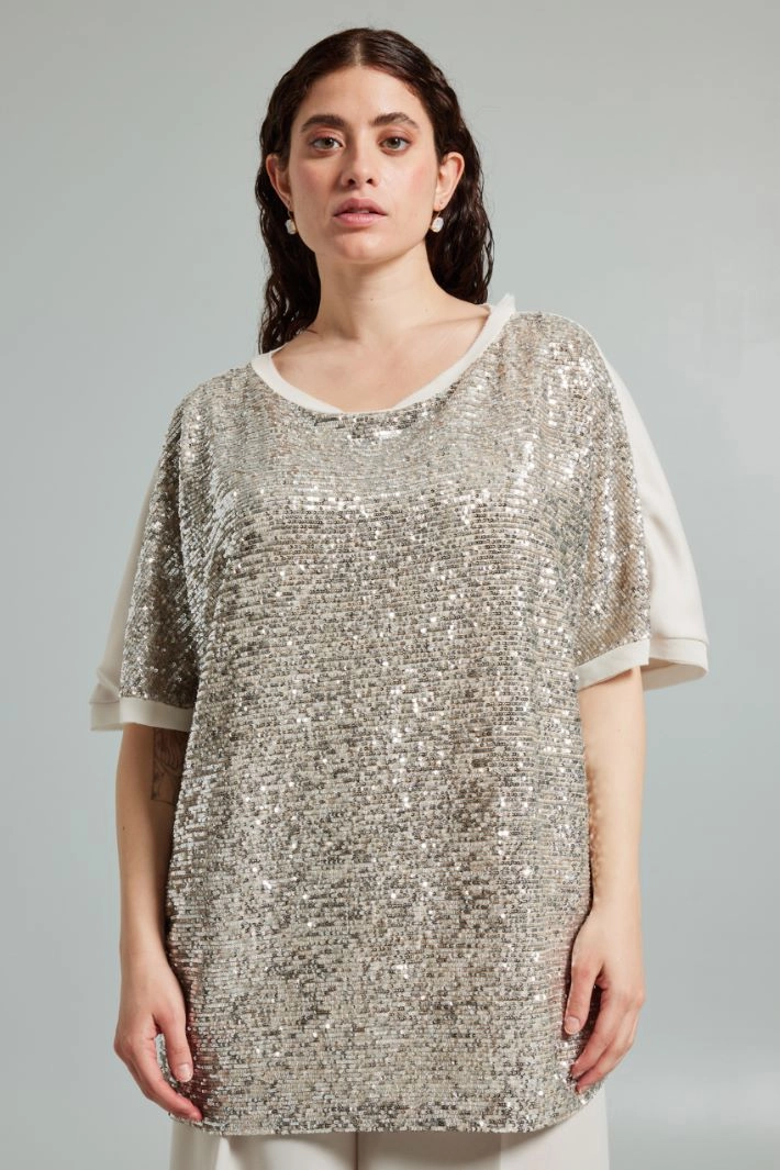 Loose fit sequin-decorated top - IVORY SILVER