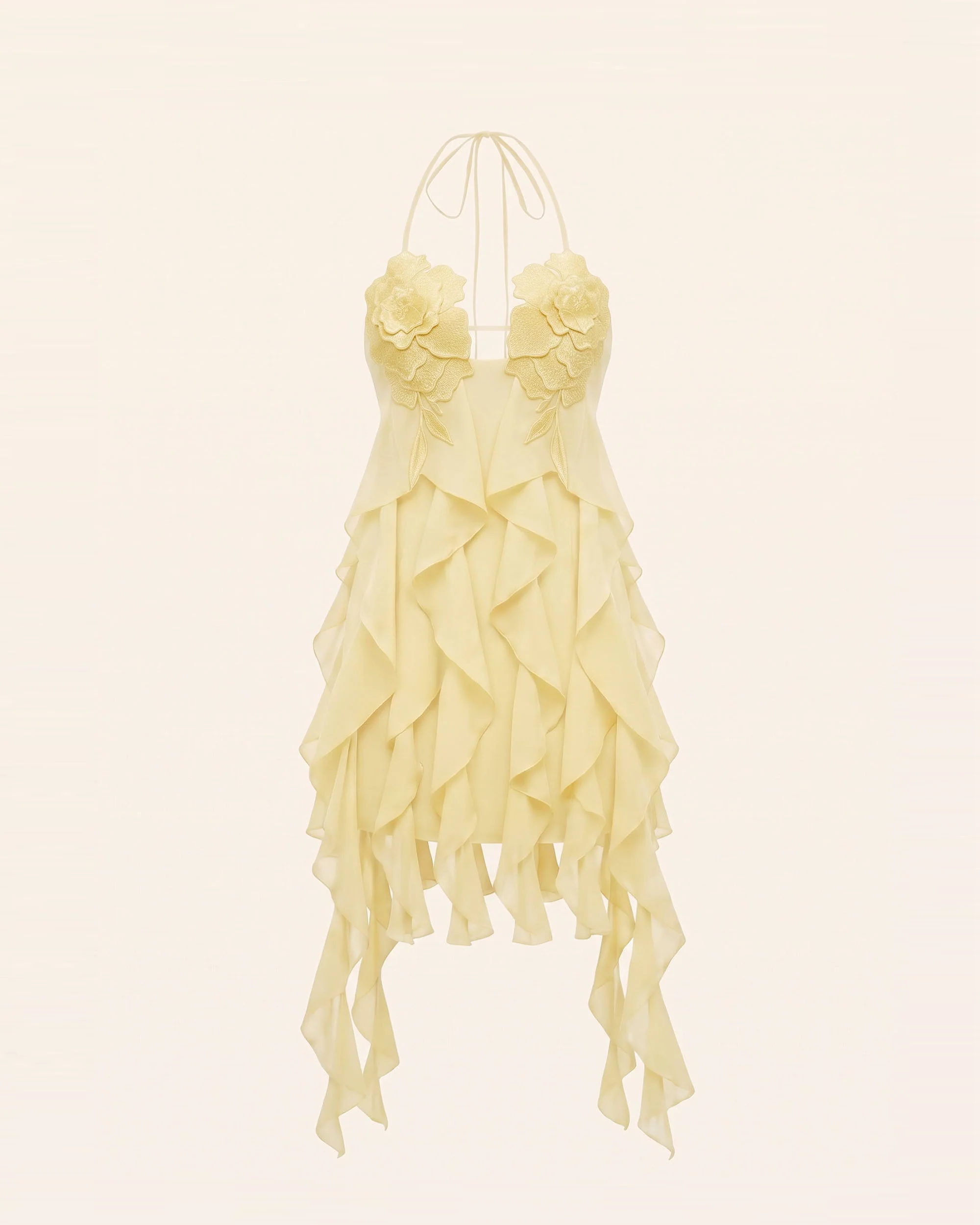 Flower Embroidered Halter Asymmetric Ruffle Mini Dress - Butter Cream