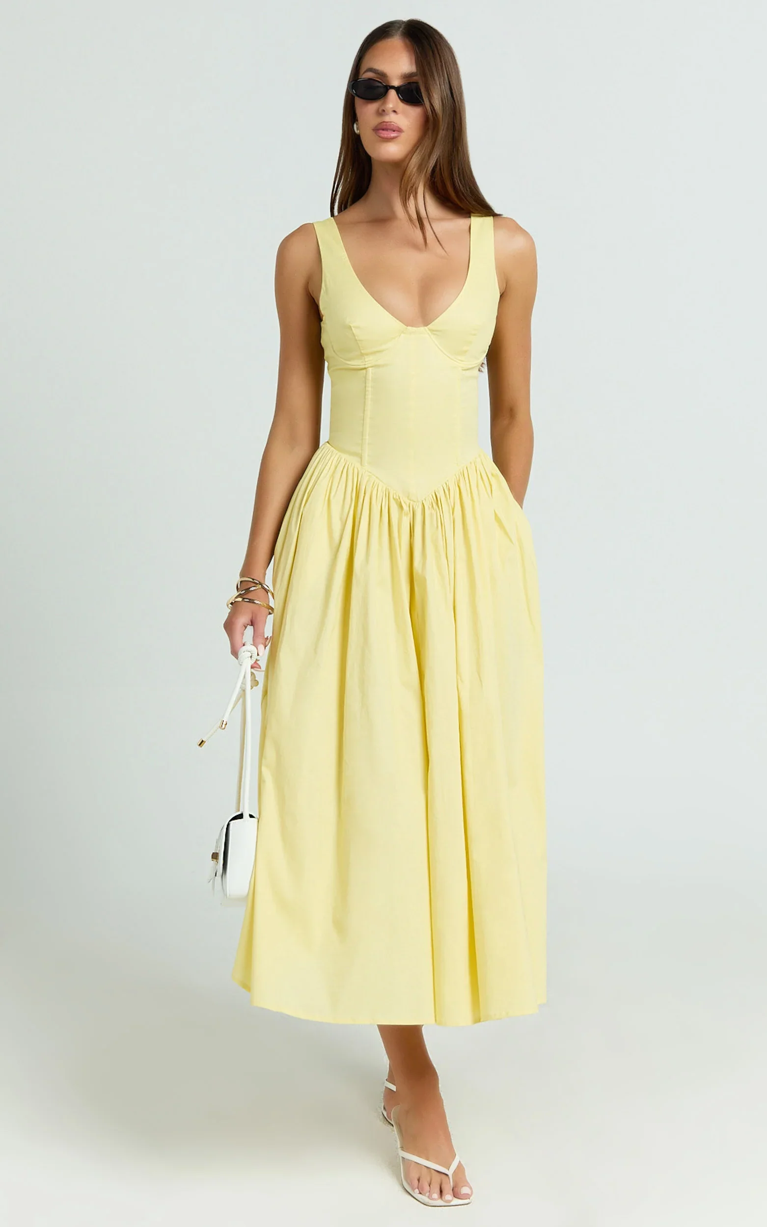 Beckett Midi Dress - Scoop Neck Drop V Waist Gathered Skirt Dress in Butter Yellow