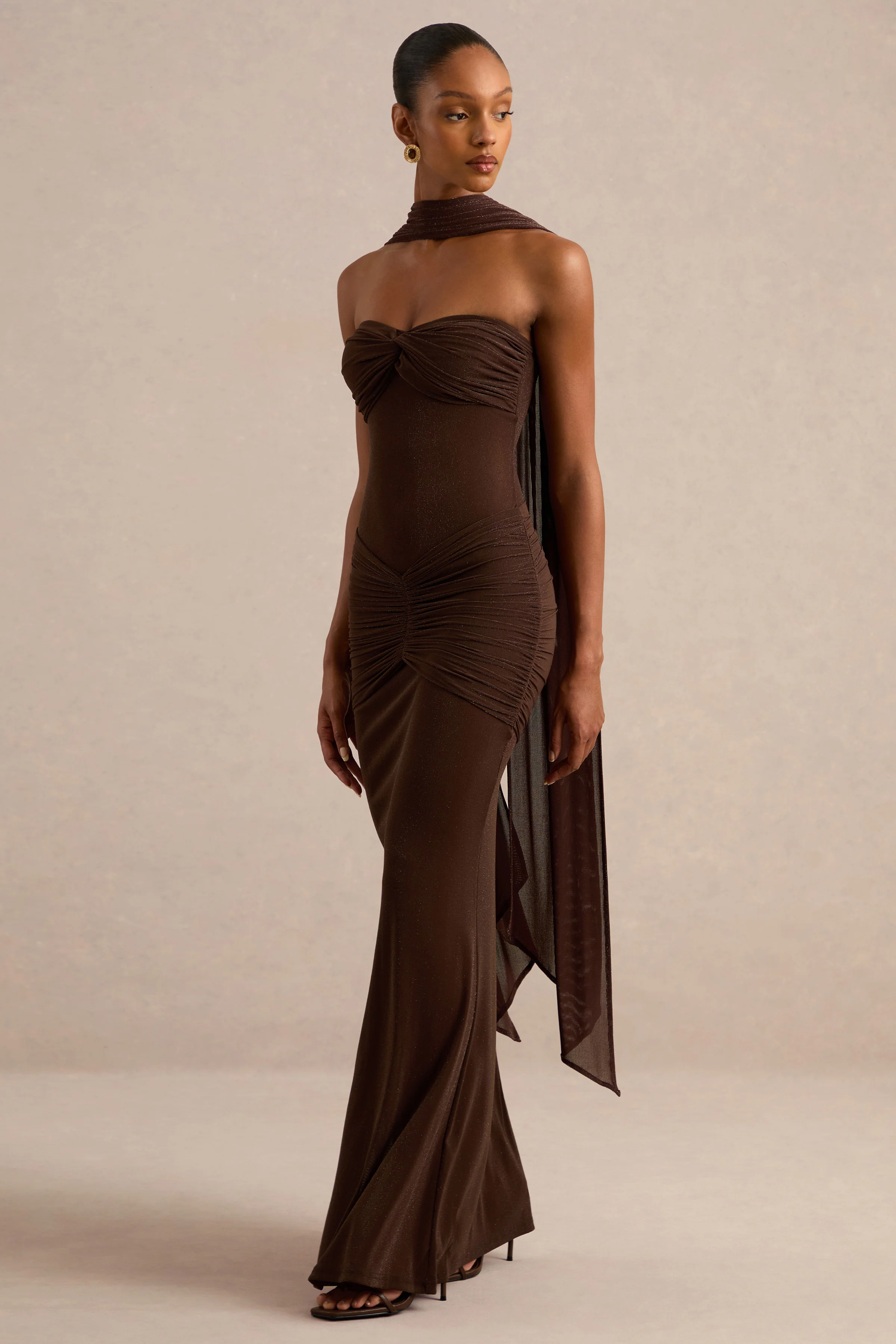 Ursa | Brown Bandeau-Neck Maxi Dress With Scarf Detail And Gathered Detailing