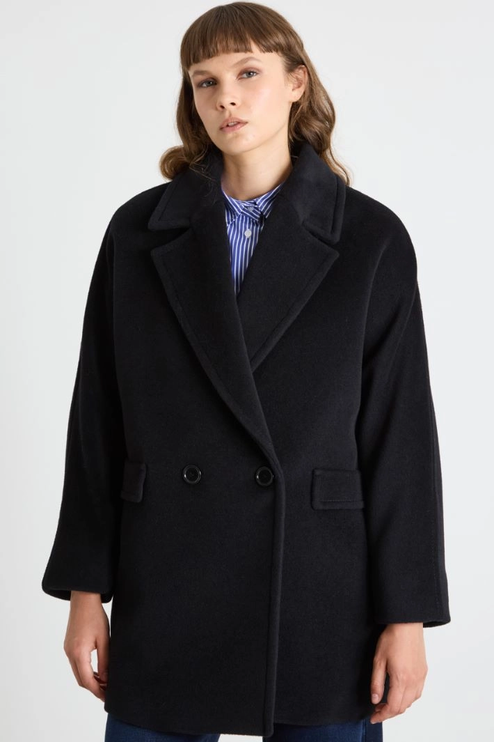 Double-breasted beaver coat - BLACK