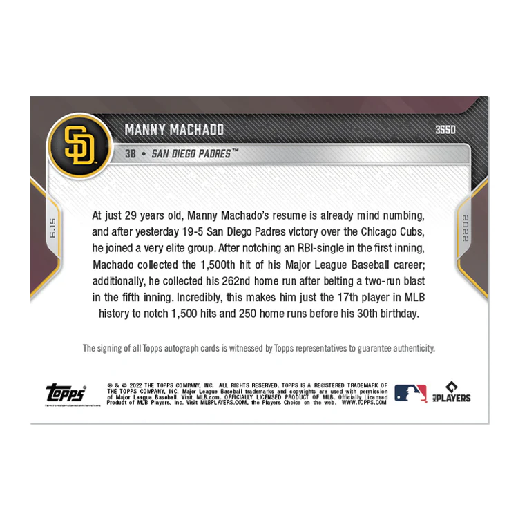On-Card Auto # to 10 - Manny Machado - 2022 MLB TOPPS NOW® Card 355D
