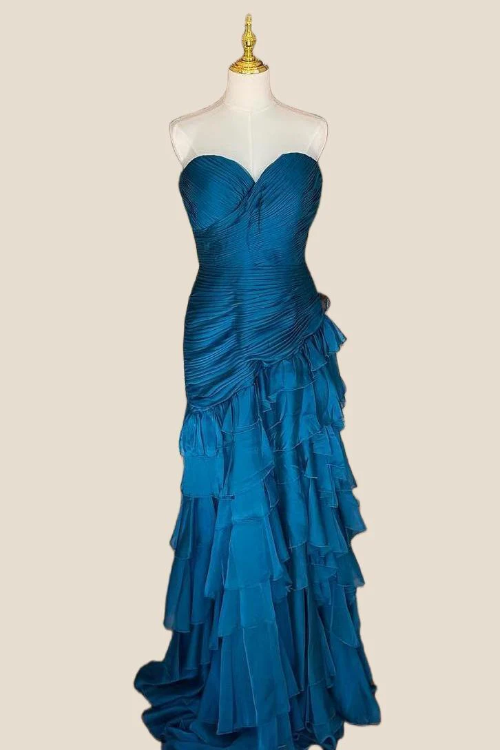 Strapless Yellow Pleated Tiered Long Dress