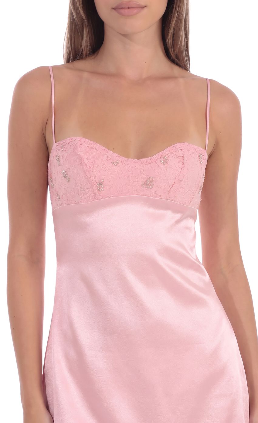Beaded Lace Bust Mini Dress in Pink