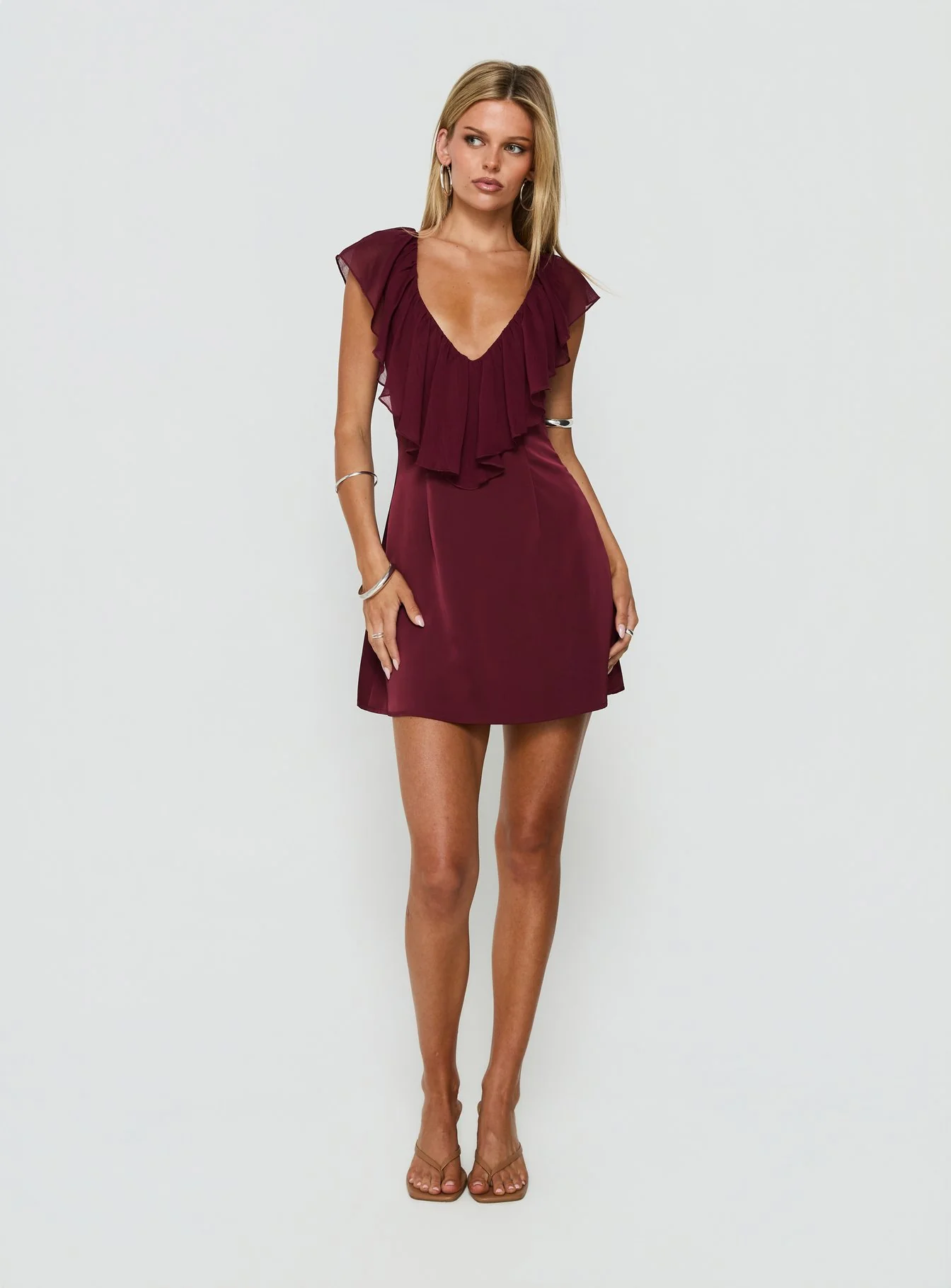 Madibelle V Neck Frill Mini Dress Wine