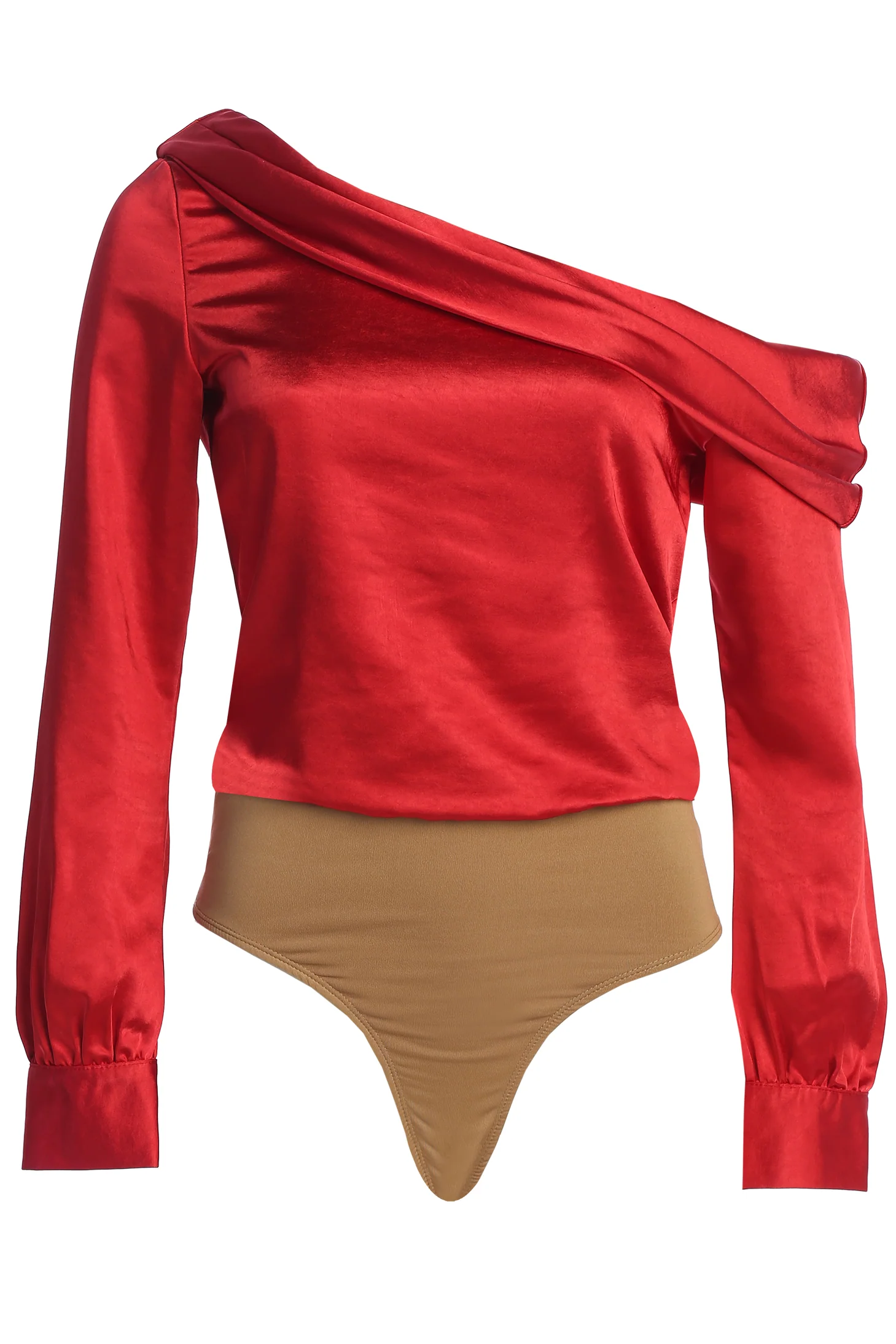 Red Satin Rima Asymmetrical Bodysuit