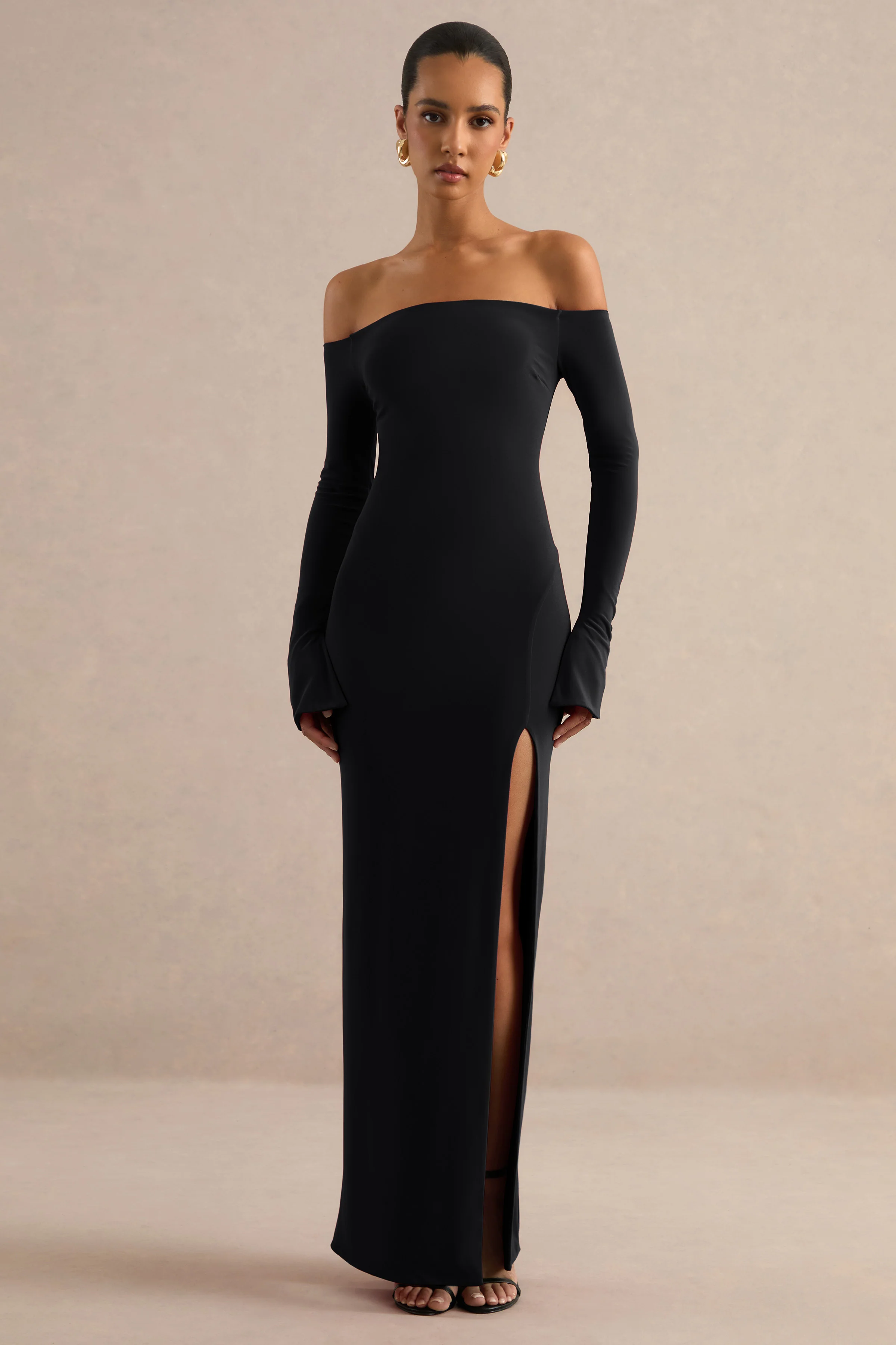 Liviae | Black Jersey Bardot Bell Sleeve Maxi Dress With Split