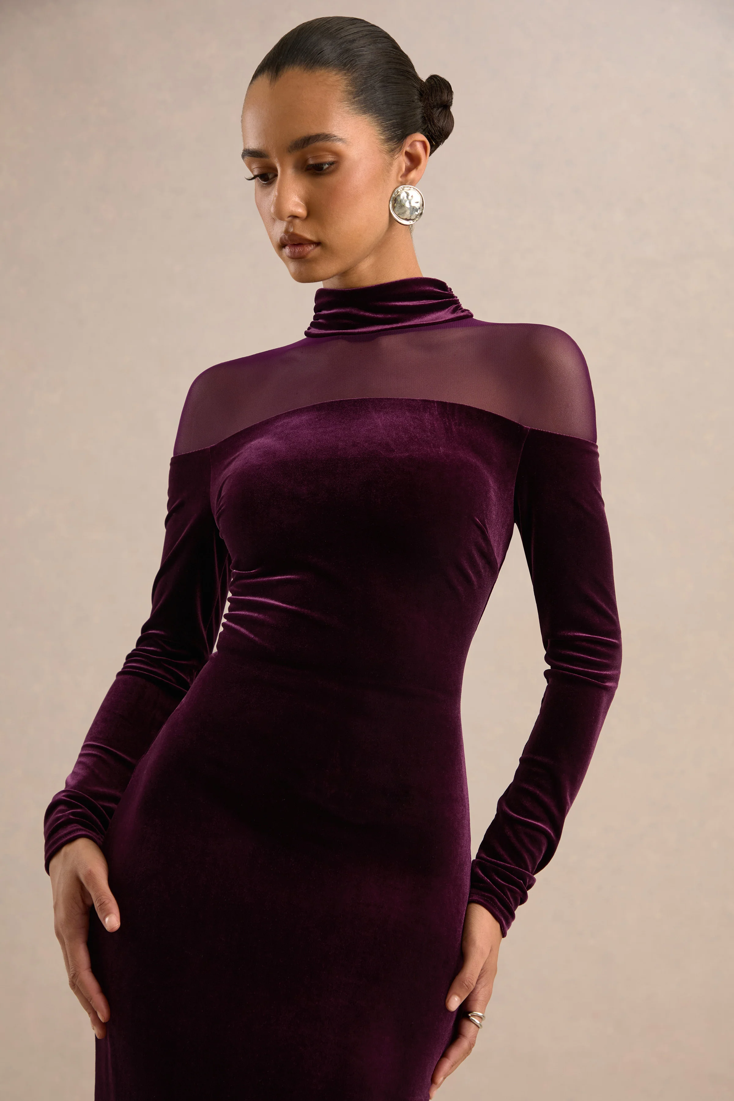 Rosa | Plum Velvet High Neck Long Sleeve Maxi Dress With Sheer Detailing