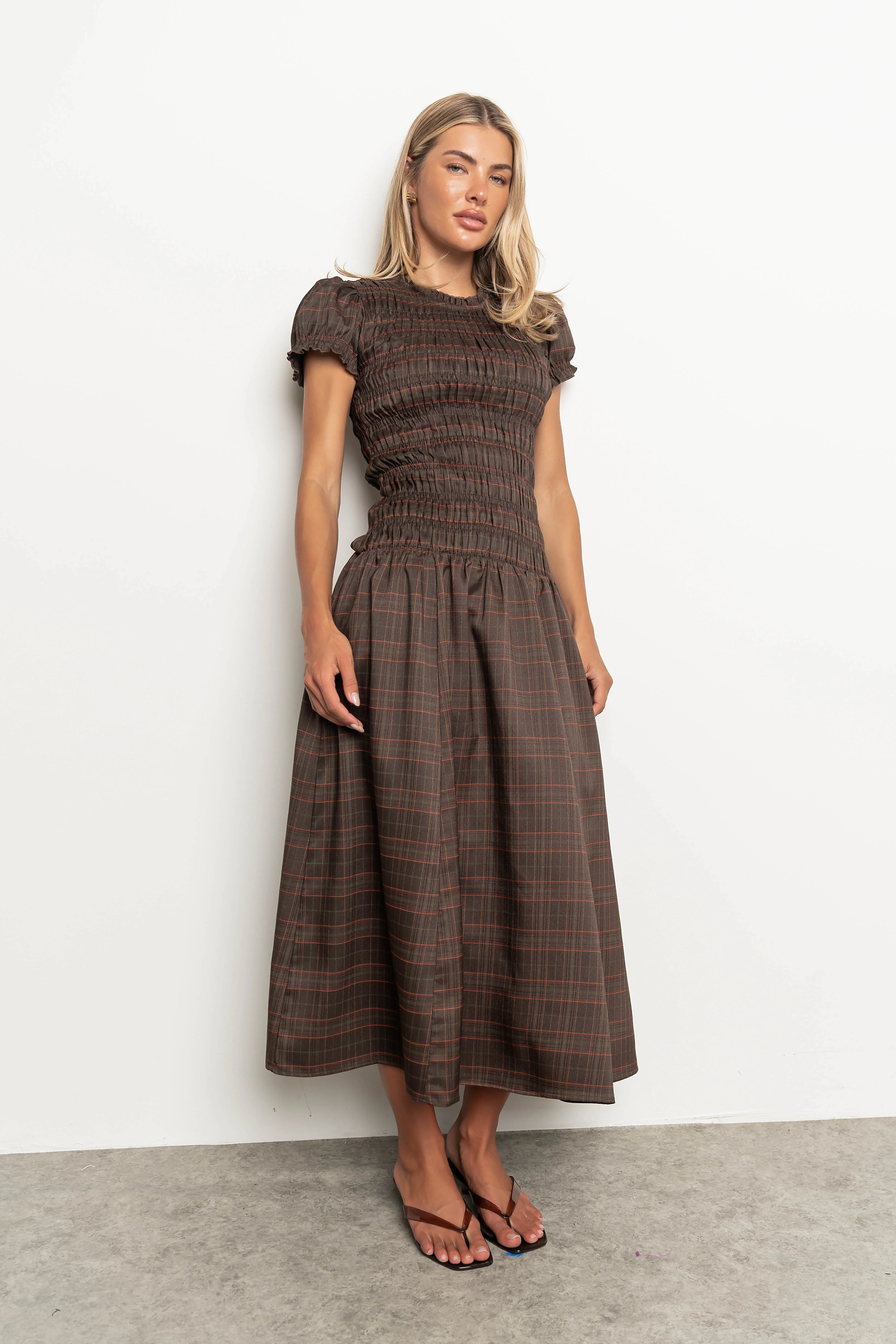 PREORDER - Opal Gingham Maxi Dress in Dark Brown