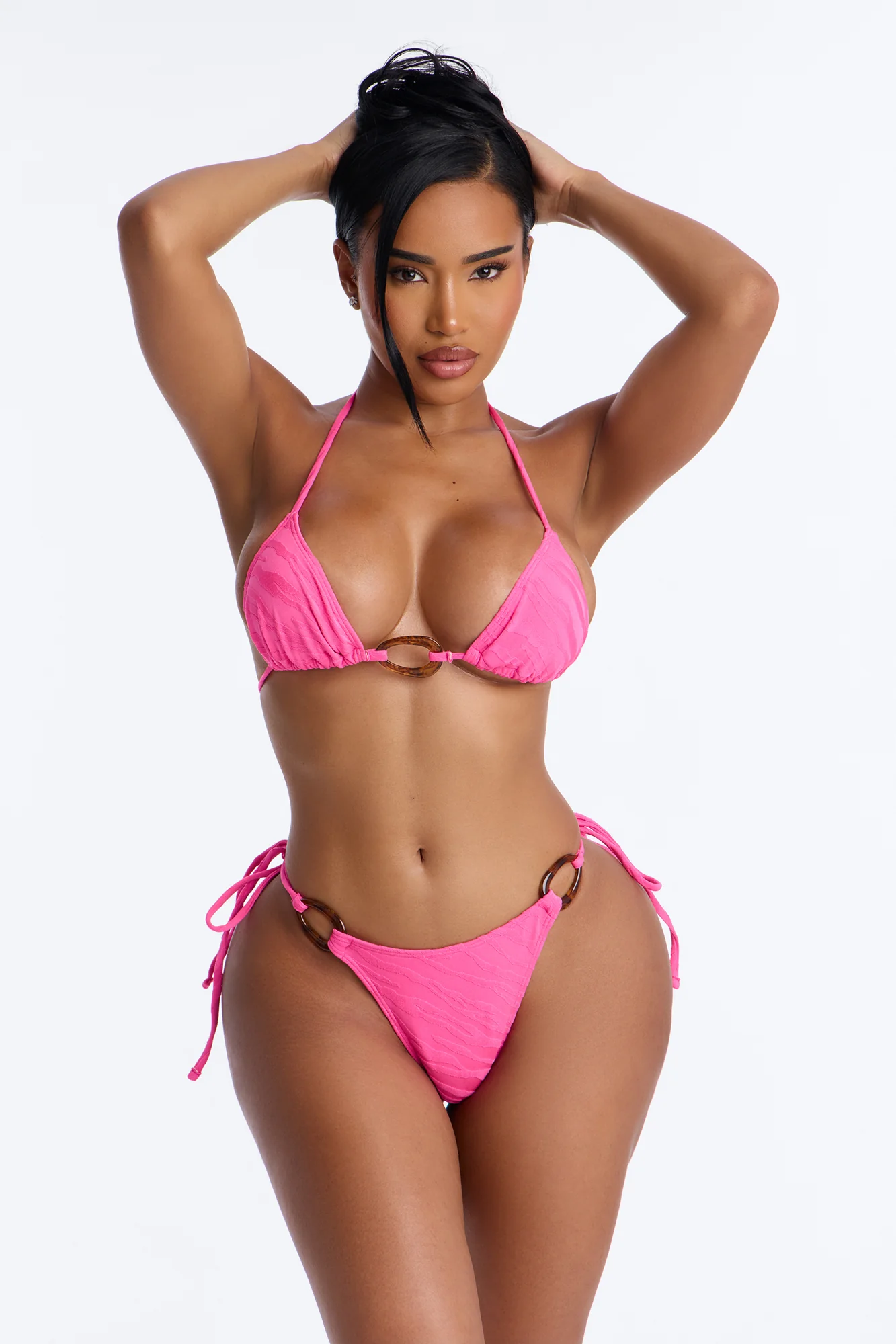 Sunset Splash Textured 3 Piece Bikini Shorts Set - Fuchsia