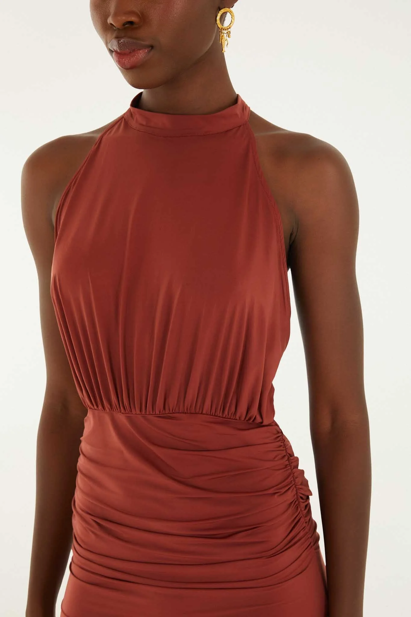 Brown High Neck Draped Open Back Mini Dress