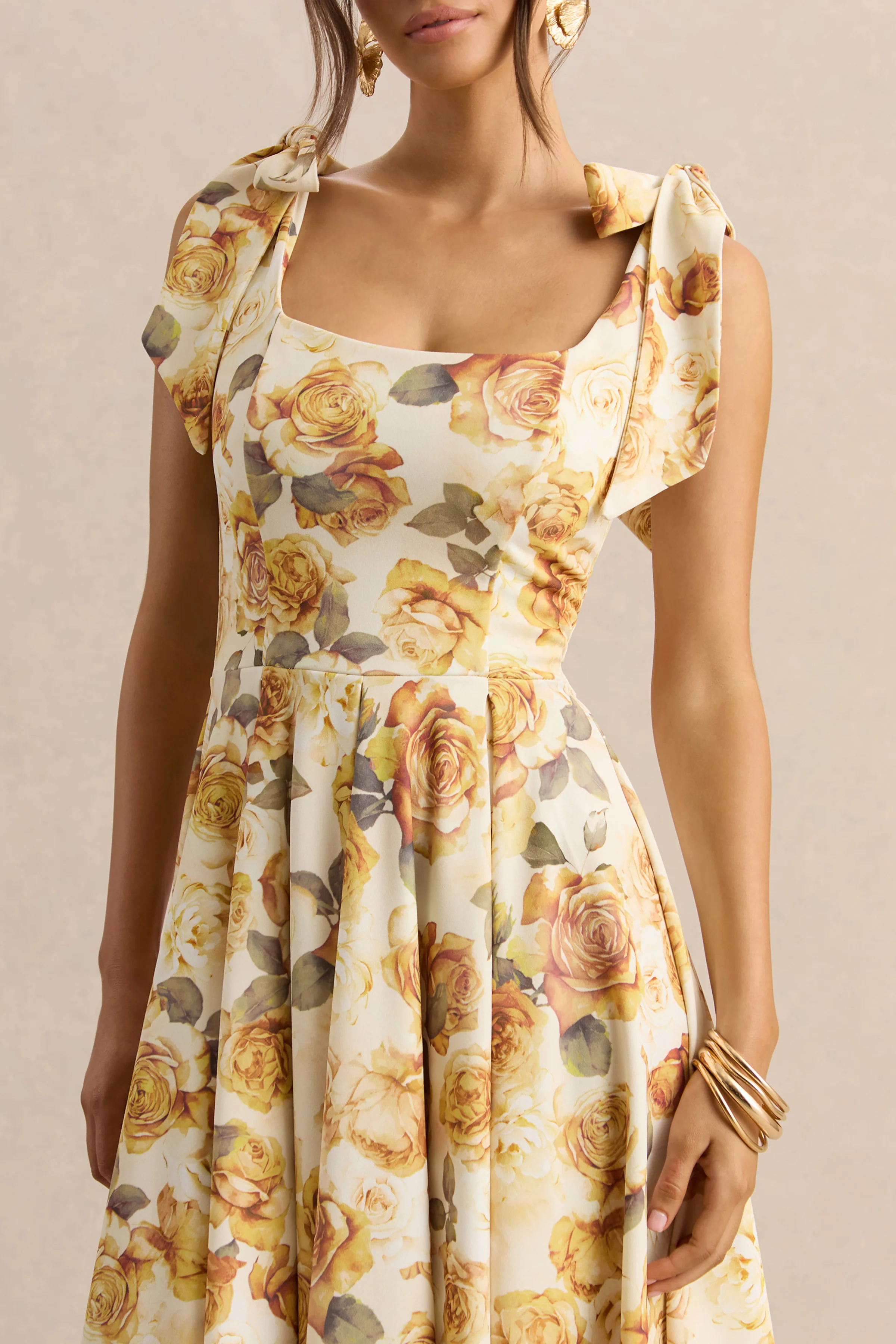 Mena | Lemon Rose Print Square-Neck Midi Dress With Bow Sleeves