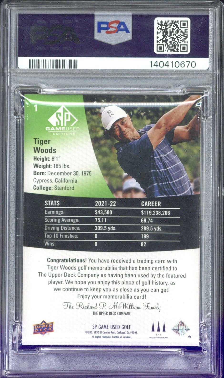 Upper Deck SP Game Used Golf Tiger Woods Gold Shirt Relic #1 PSA 8