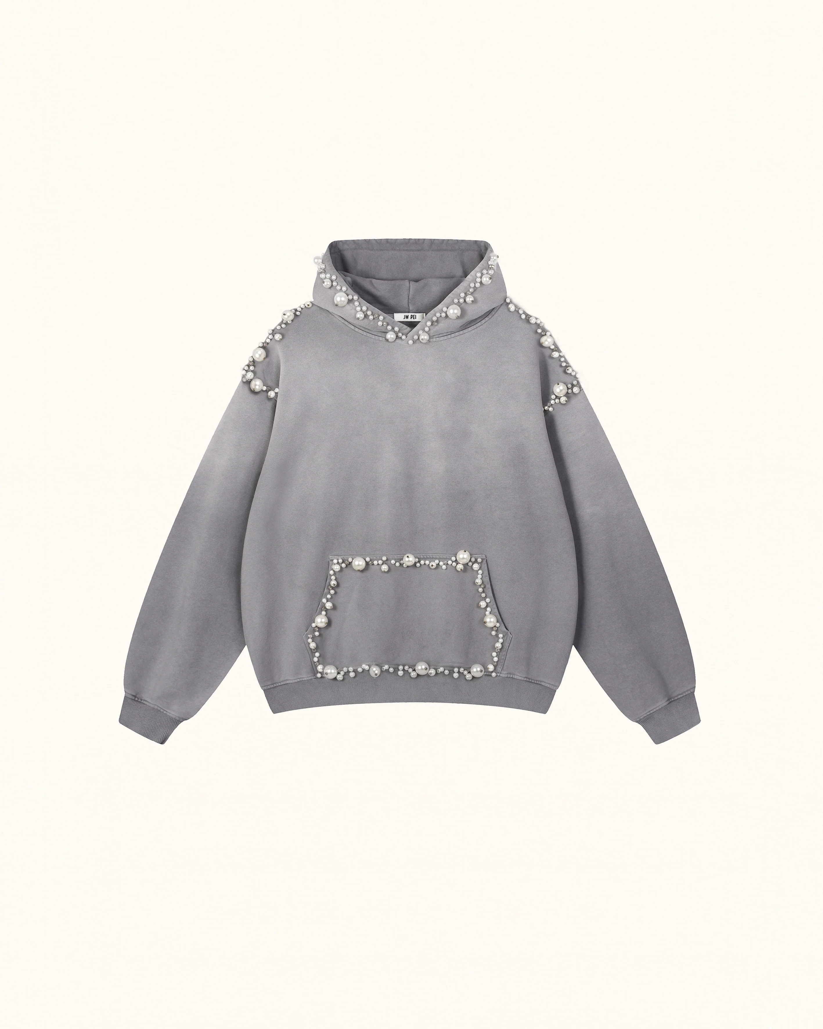 The Opulent Off-White Pearl Trim Hoodie - Washed Grey