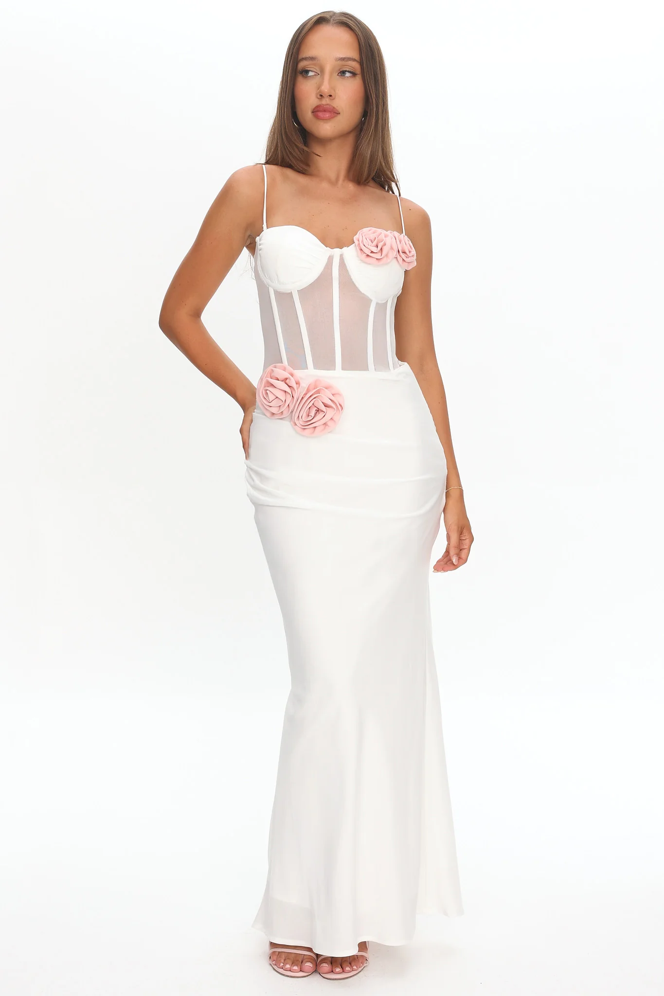 Ismera Sheer Bodice Rosette Maxi Dress White