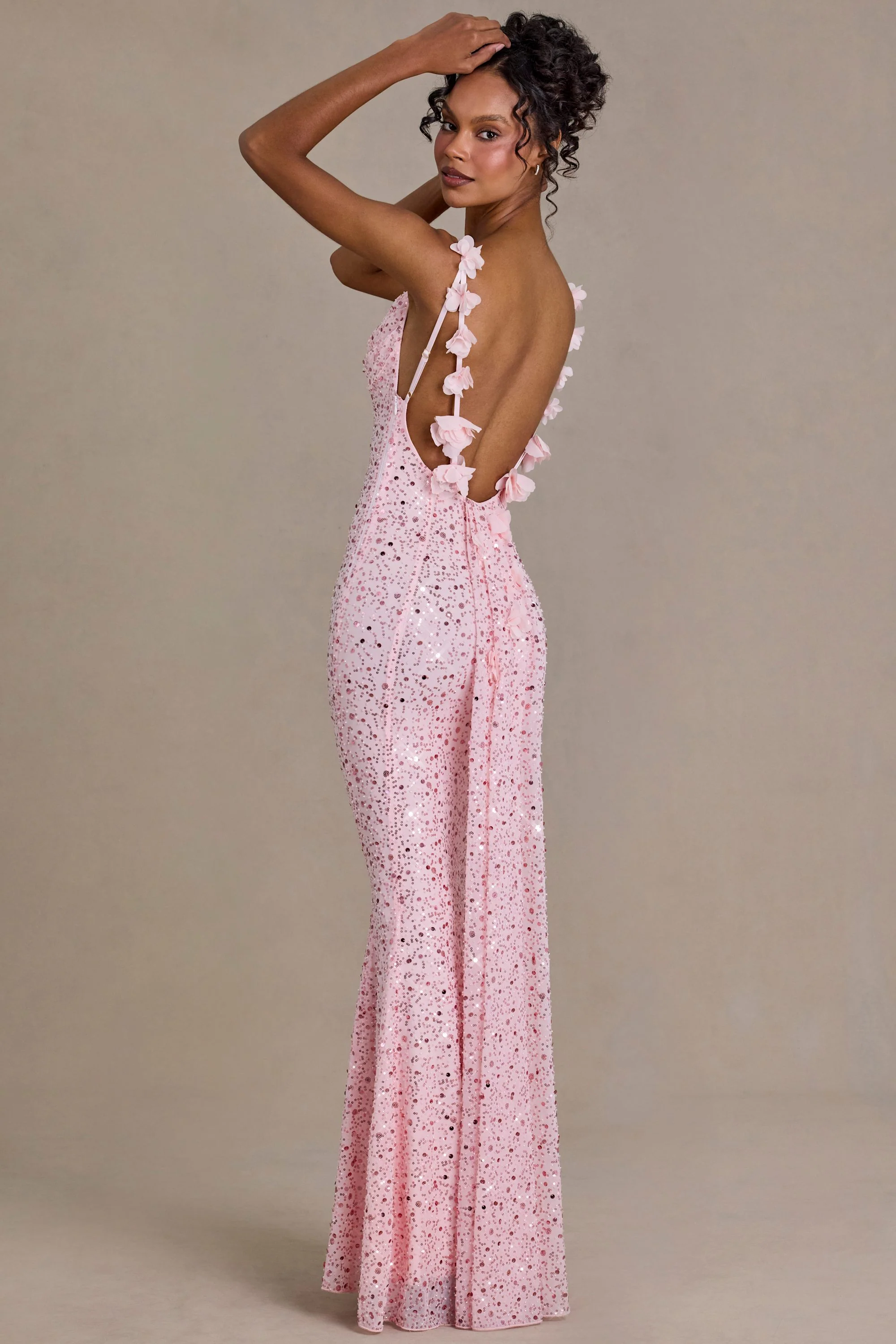 Embellished Open-Back Maxi Dress in Baby Pink