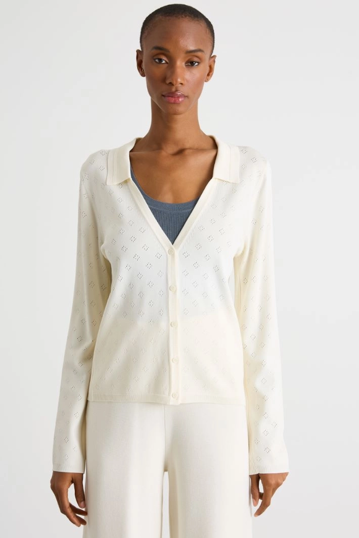 Wide V-neck cardigan - WHITE