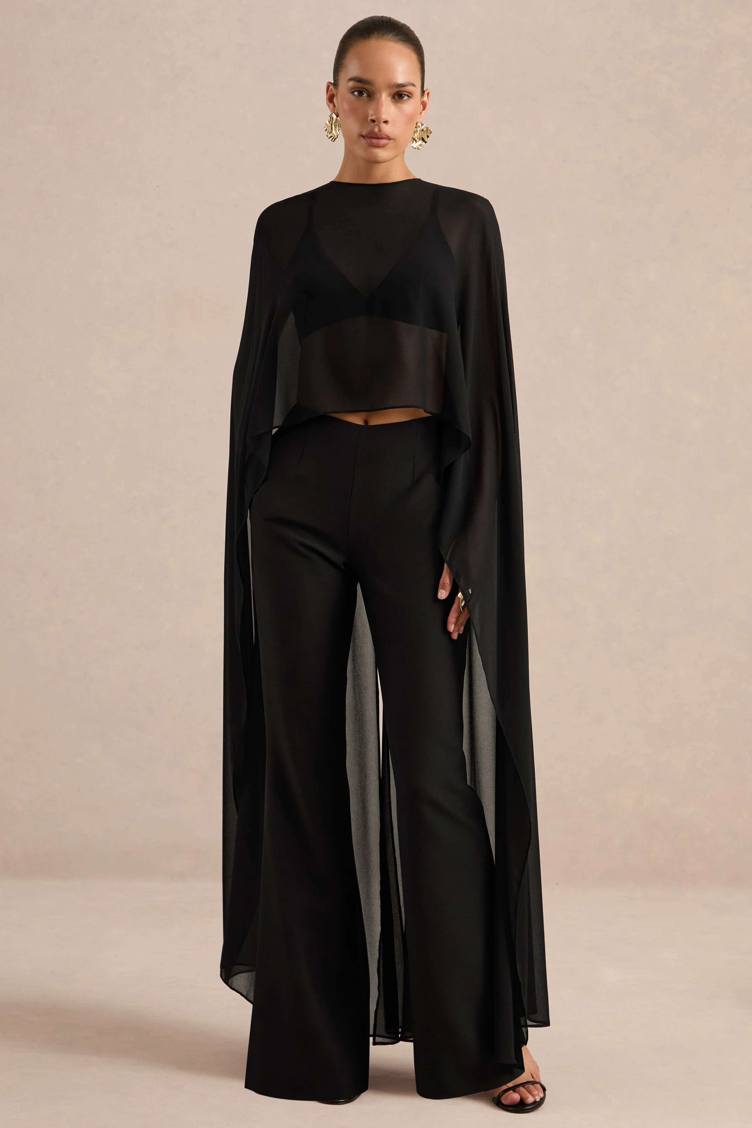 Yanina | Black Chiffon Round Neck Long Sleeve Cape Top