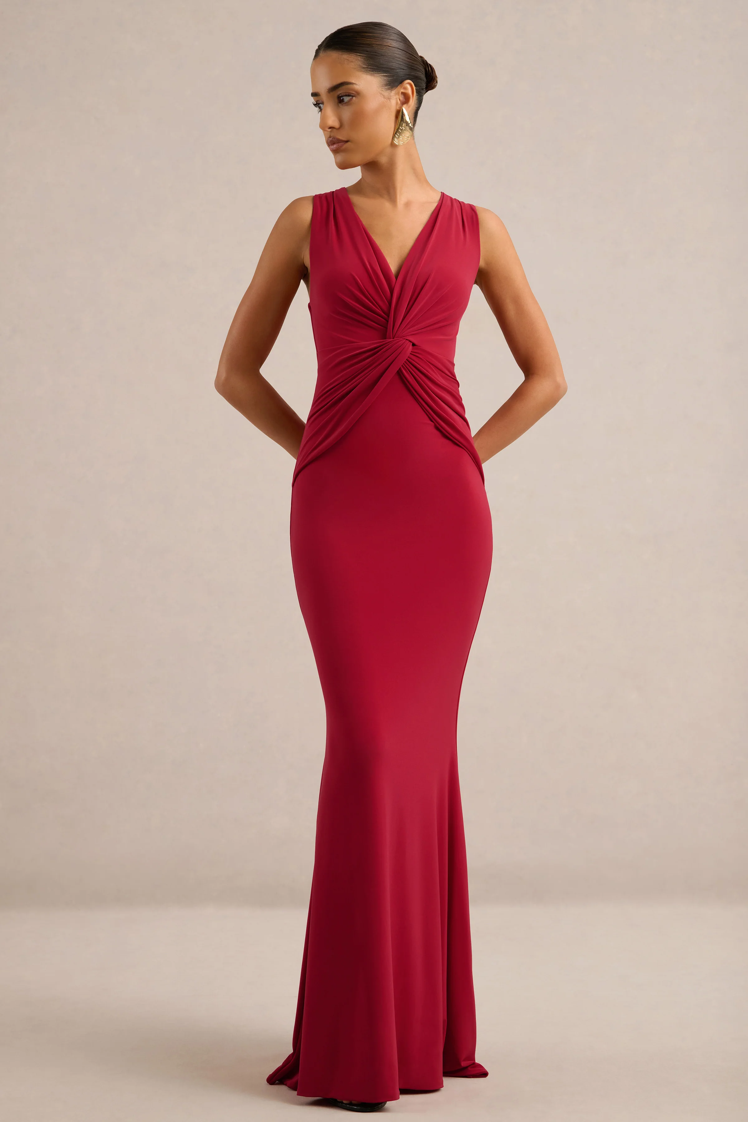 Holly | Red Jersey Plunge Maxi Dress With Twist Detailing