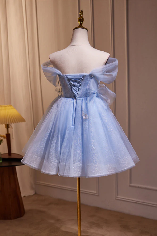 Off the Shoulder Blue A-line Short Princess Dress