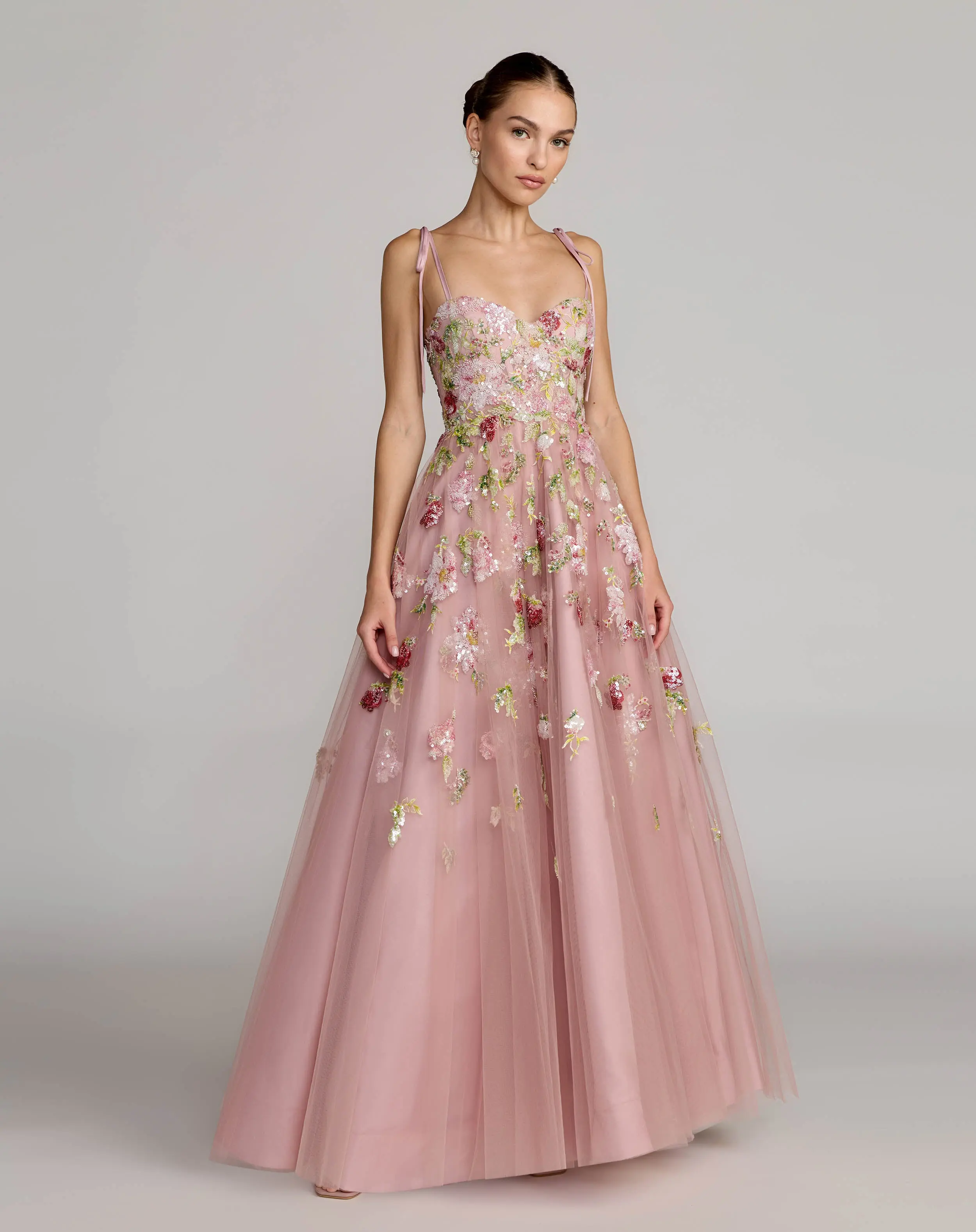 Pink Floral Embellished Tulle Ball Gown