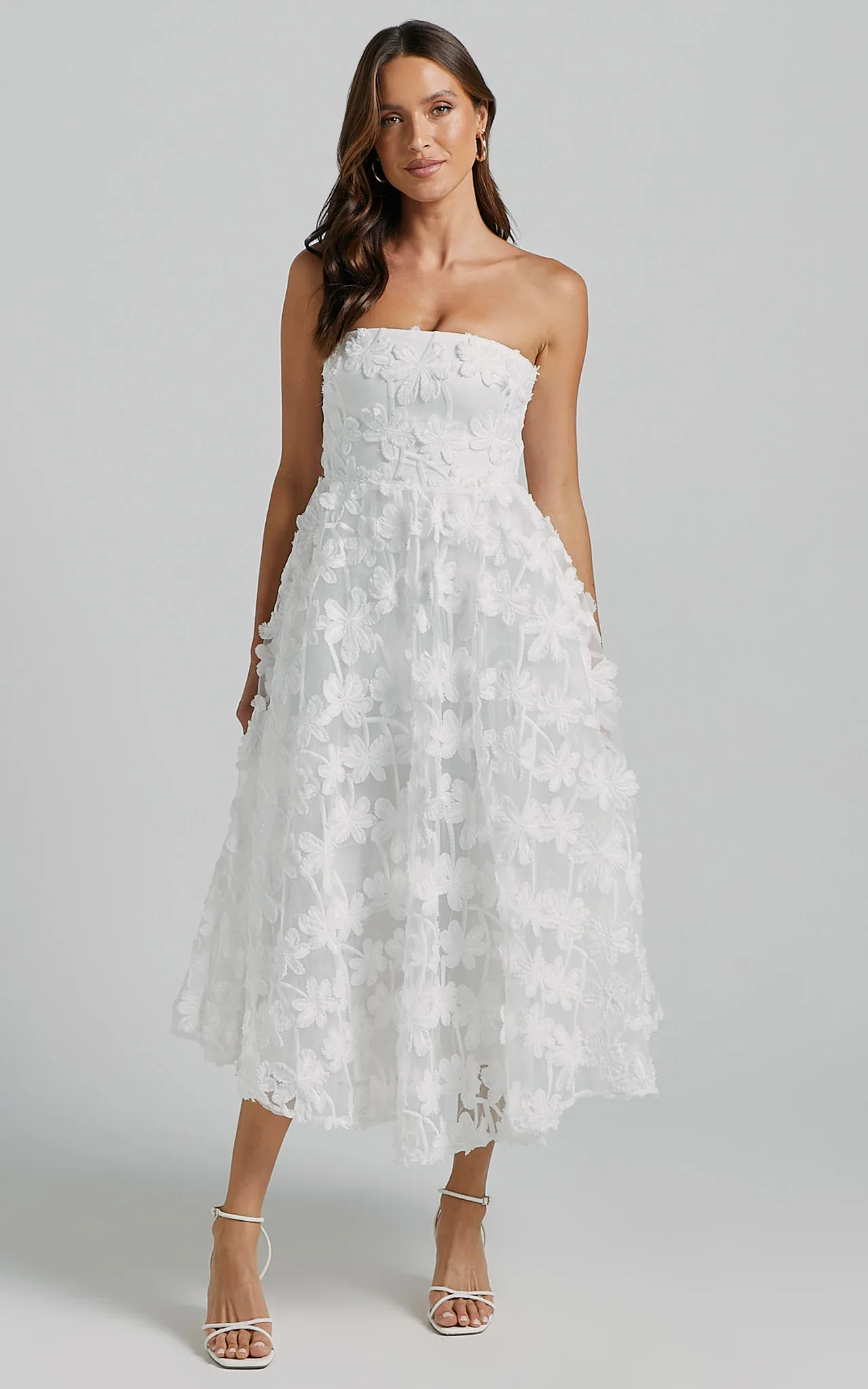 Rheiva Midi Dress - Strapless 3D Embroidery Midi Dress in White