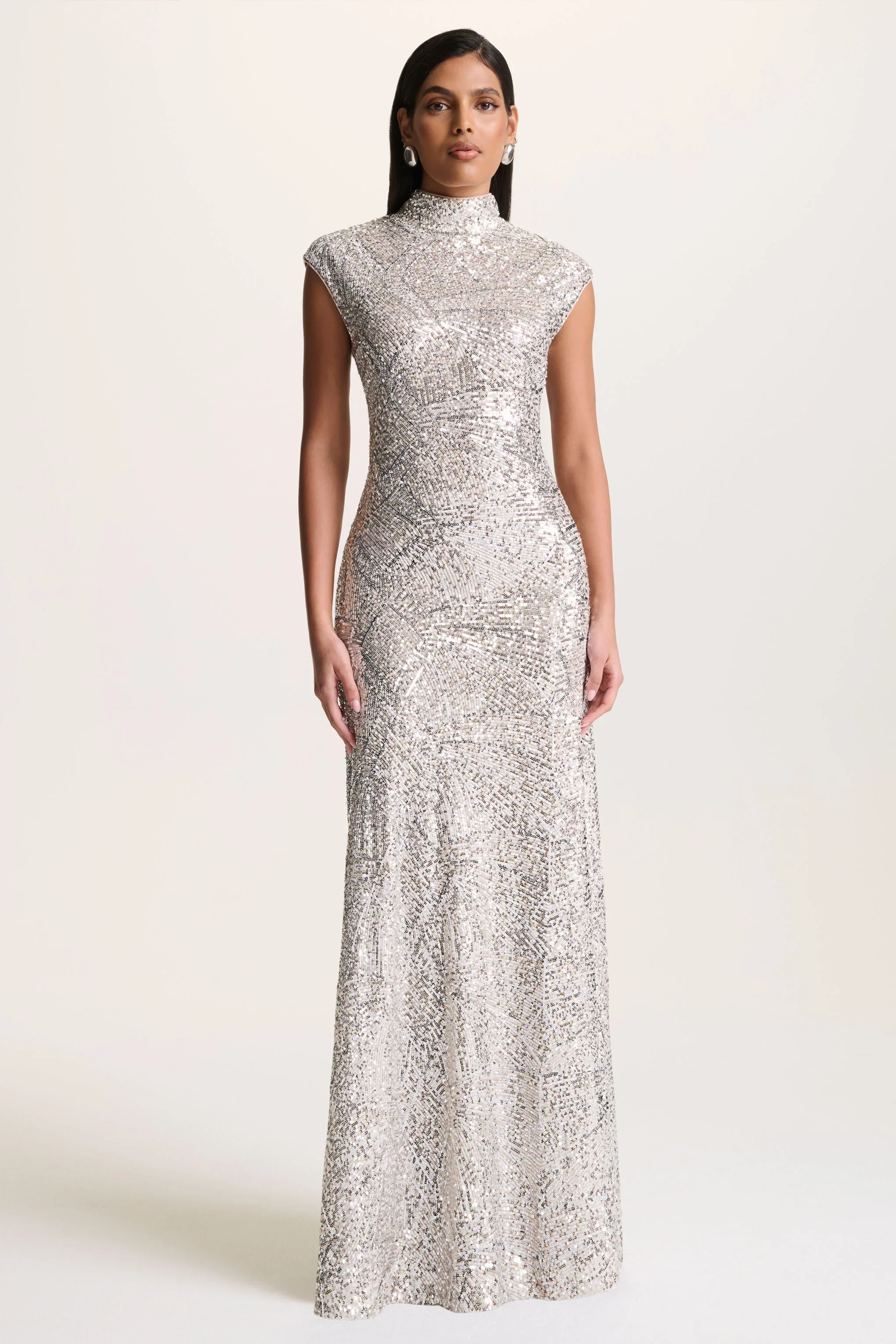 Cecy | Silver Sequin High-Neck Maxi Dress With Cap Sleeves