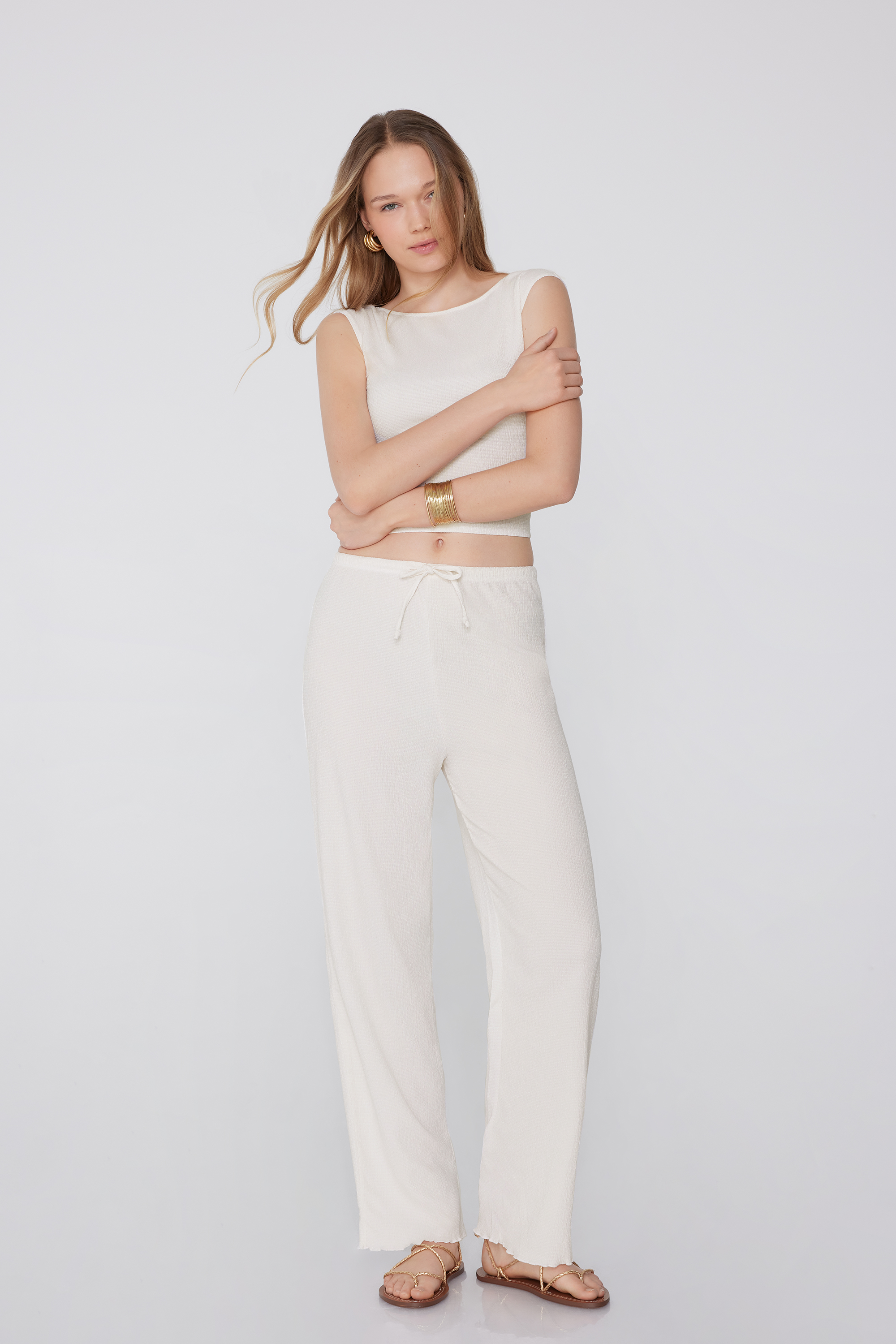 Crepe-Effect Palazzo Trousers with Drawstring
