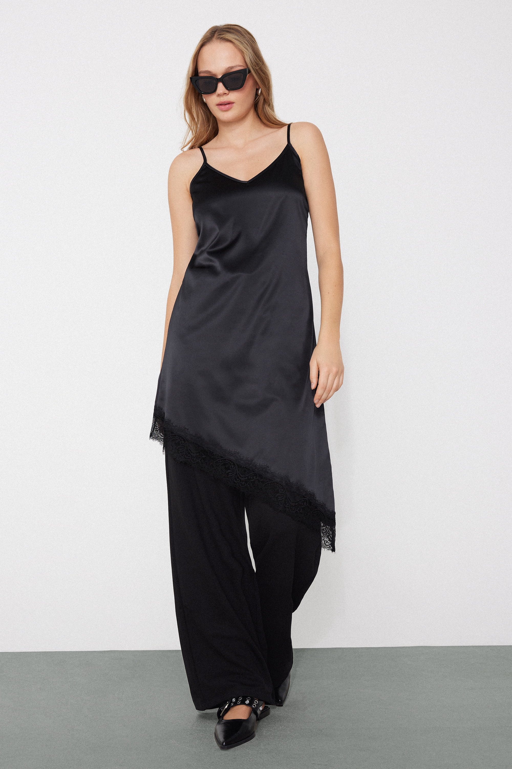 Asymmetric Satin and Lace Slip/Dress