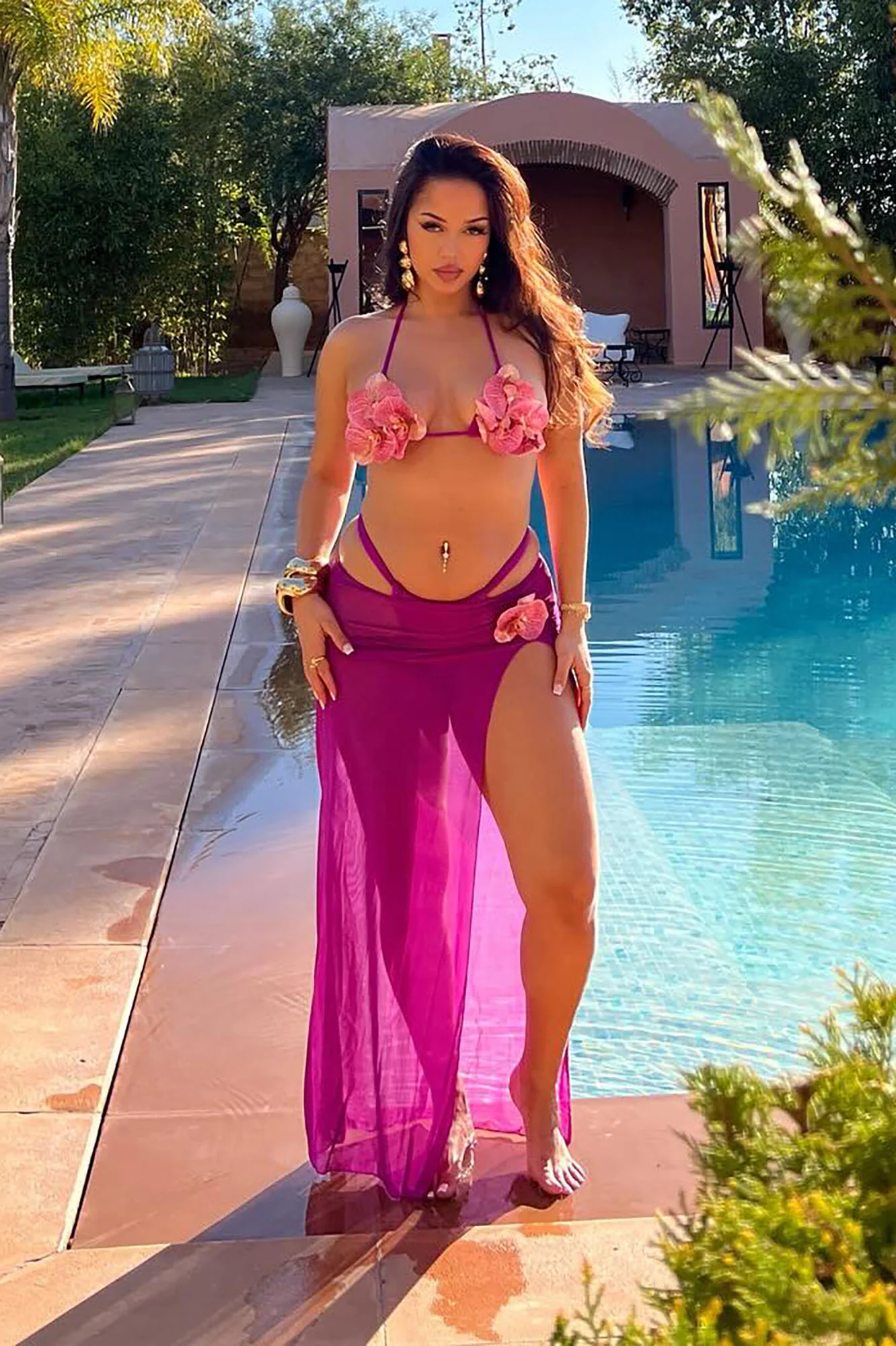 Paradise Orchid Flowers 3 Piece Bikini & Skirt Set - Purple/combo