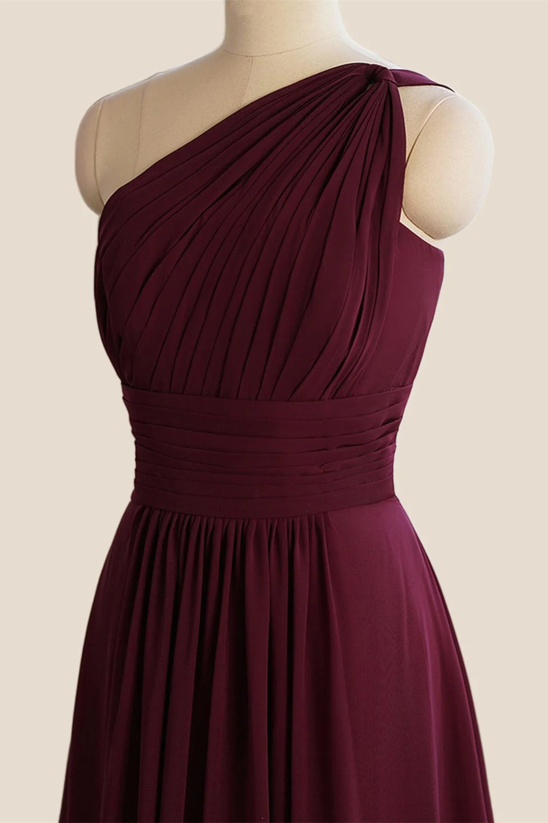Pleated One Shoulder Bugundy Chiffon Long Bridesmaid Dress