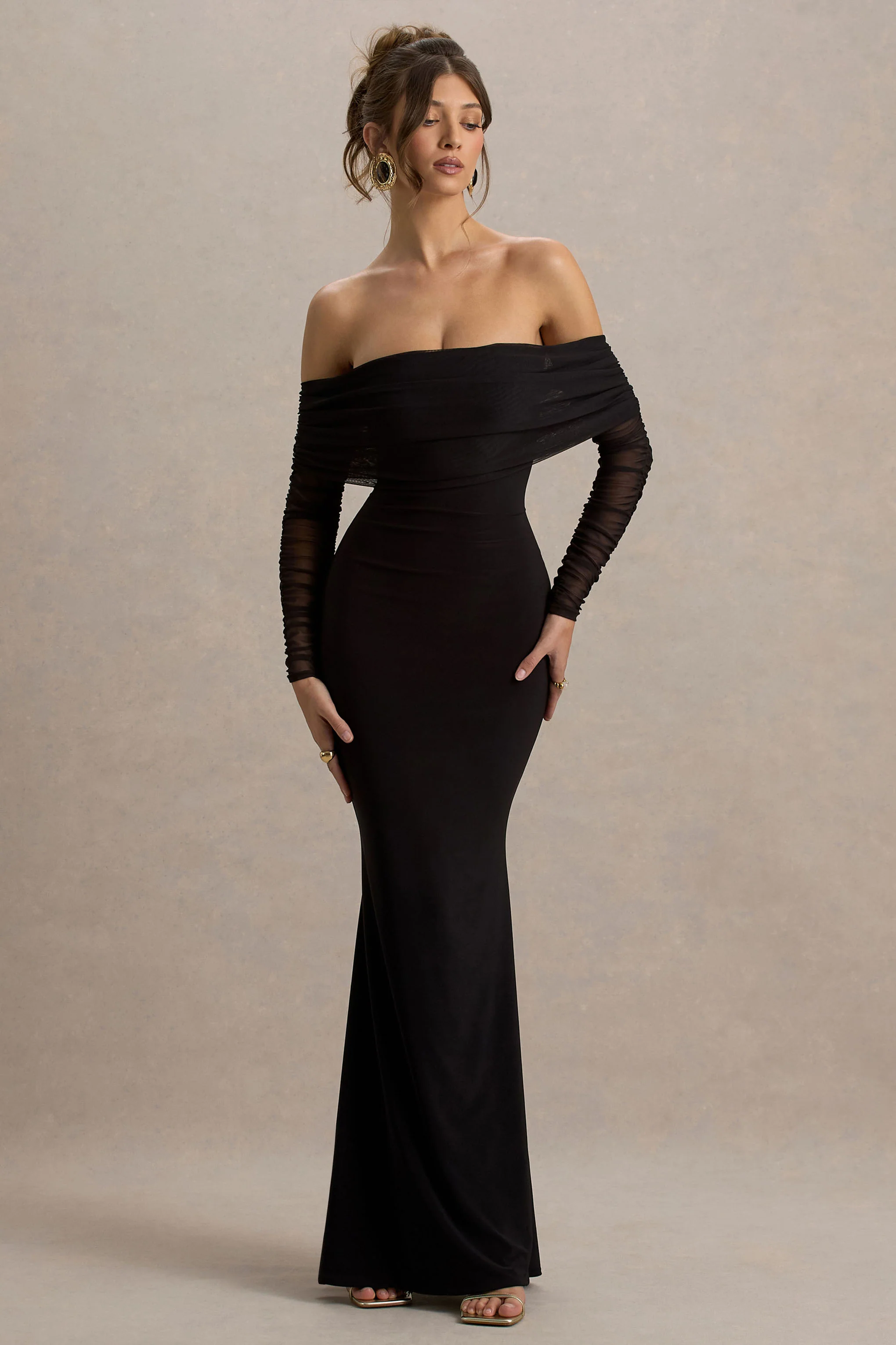 Madeleine | Black Fishtail Maxi Dress With Bardot Mesh Long Sleeves
