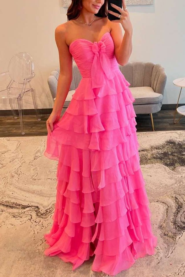 Cinizia | Chiffon Fuchsia Sweetheart Tiered Ruffles Prom Dress with Slit