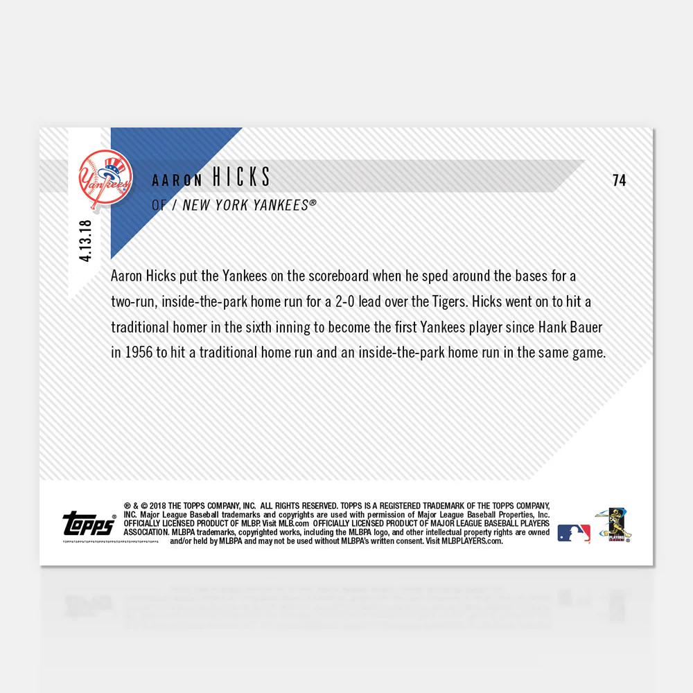 Aaron Hicks - 04/13/2018 TOPPS NOW® Card 74 - Print Run: 485