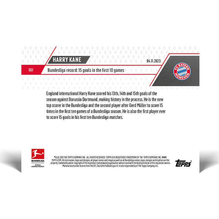 Topps UK - Harry Kane - Bundesliga record: 15 goals in the first 10 games - Bundesliga TOPPS NOW® Card #61