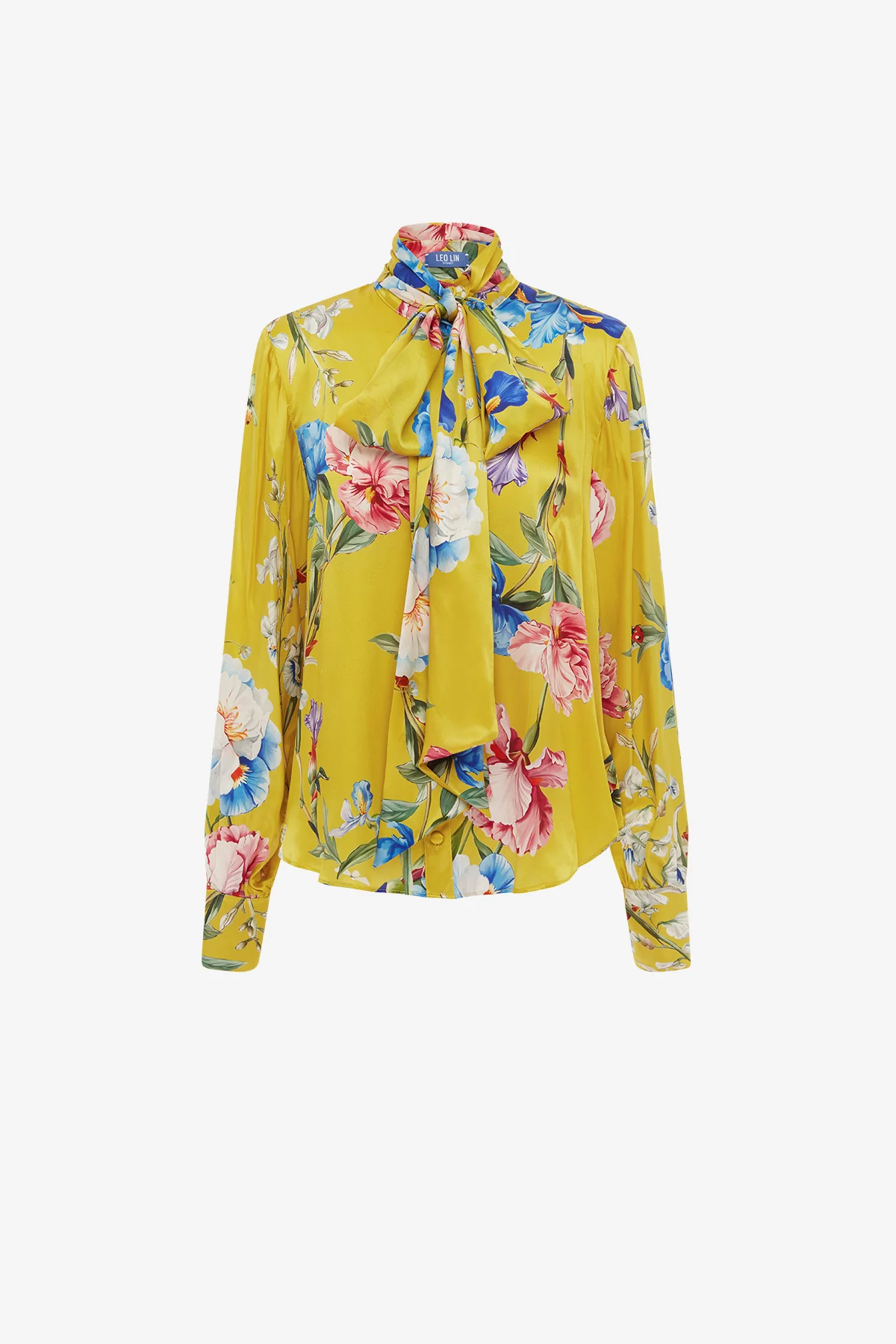 Freya Tie Neck Silk Blouse - Garden Print in Mustard