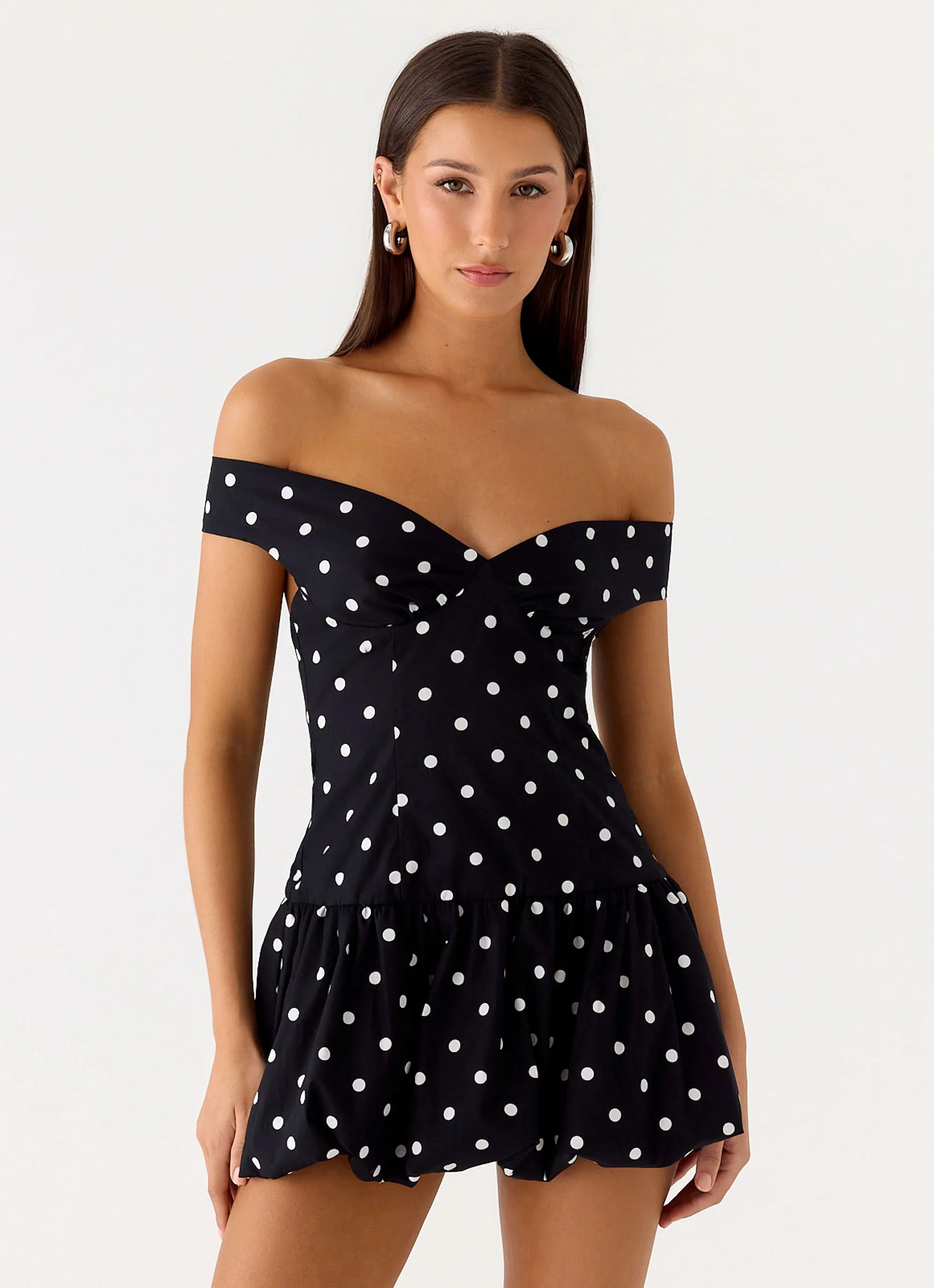 Endless Romance Off Shoulder Mini Dress - Black Polkadot