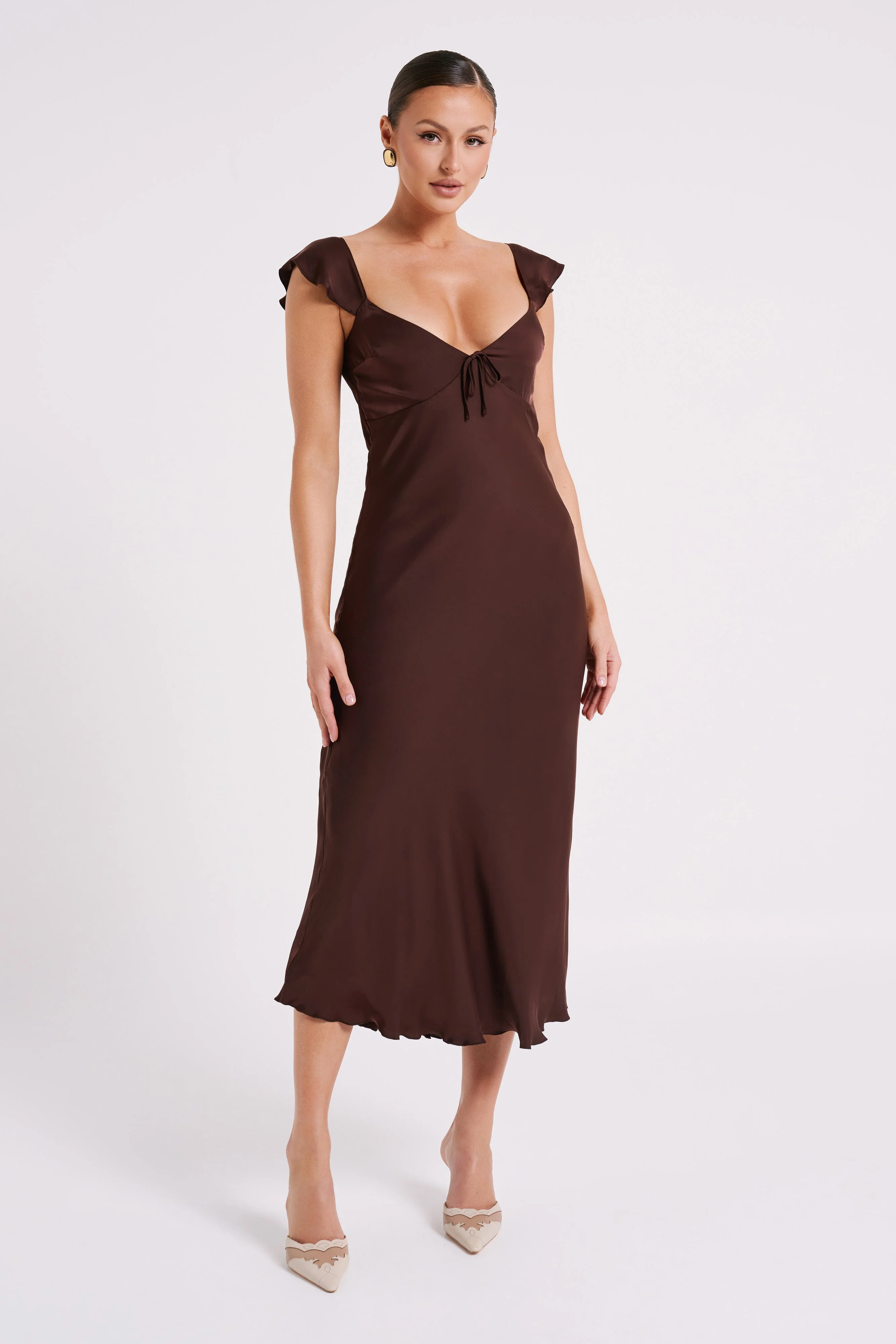 MESHKI Chantal Short Sleeve Satin Midi Dress - Dark Chocolate