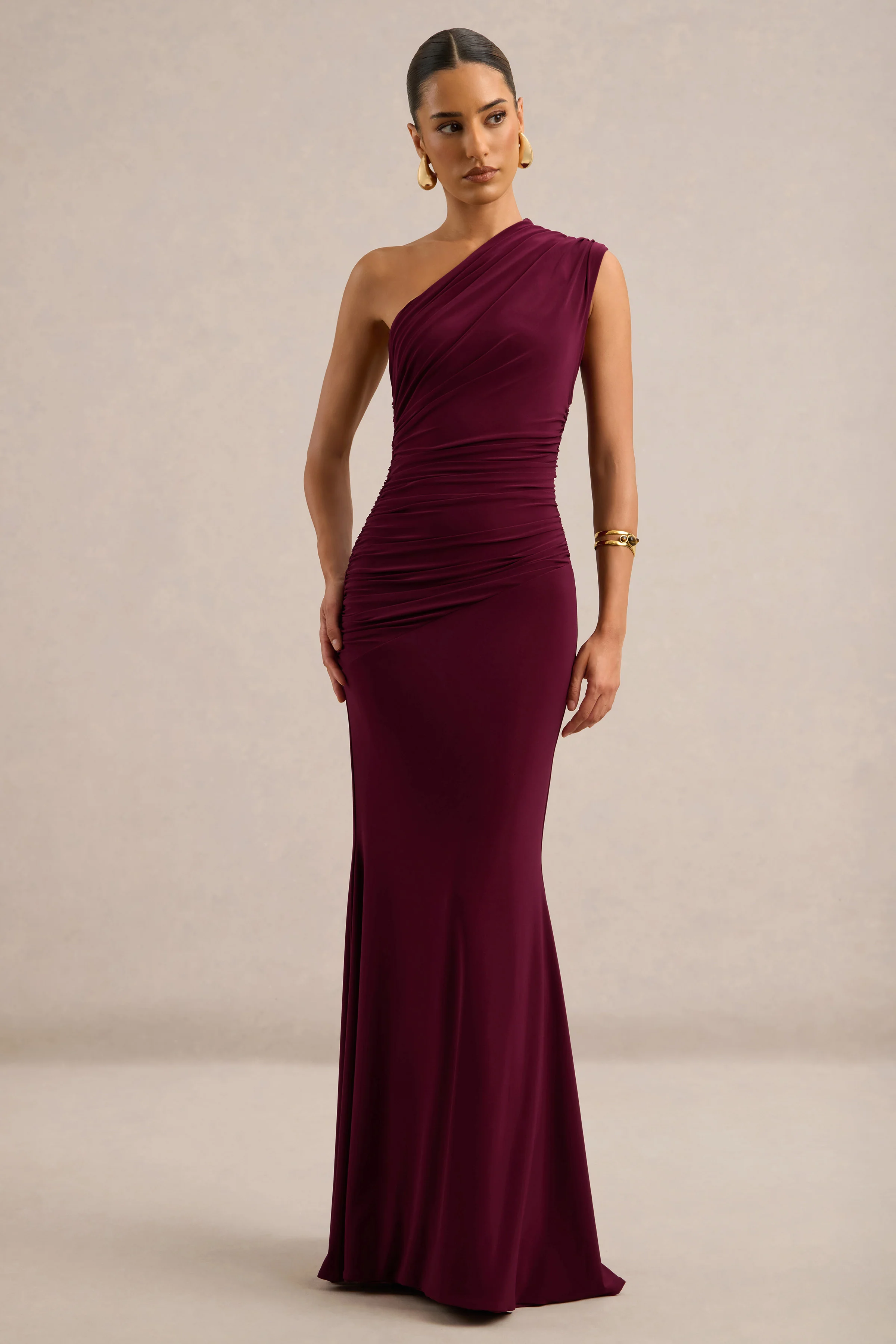 Mardi | Burgundy Asymmetric Maxi Dress With Ruching