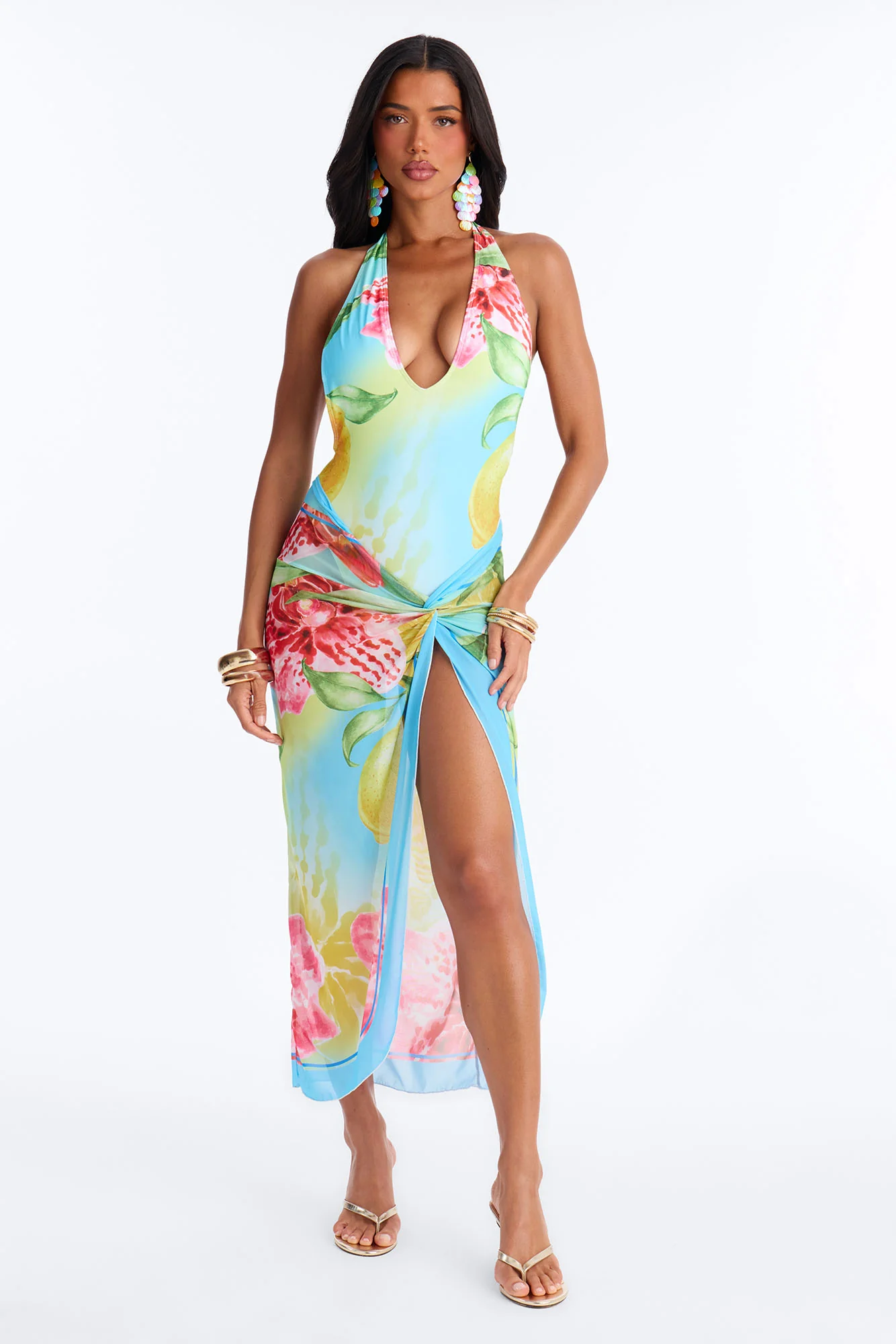 Tropical Escape 1 Piece Plunge Swimsuit & Mesh Cover Up Maxi Skirt Set - Multi Color